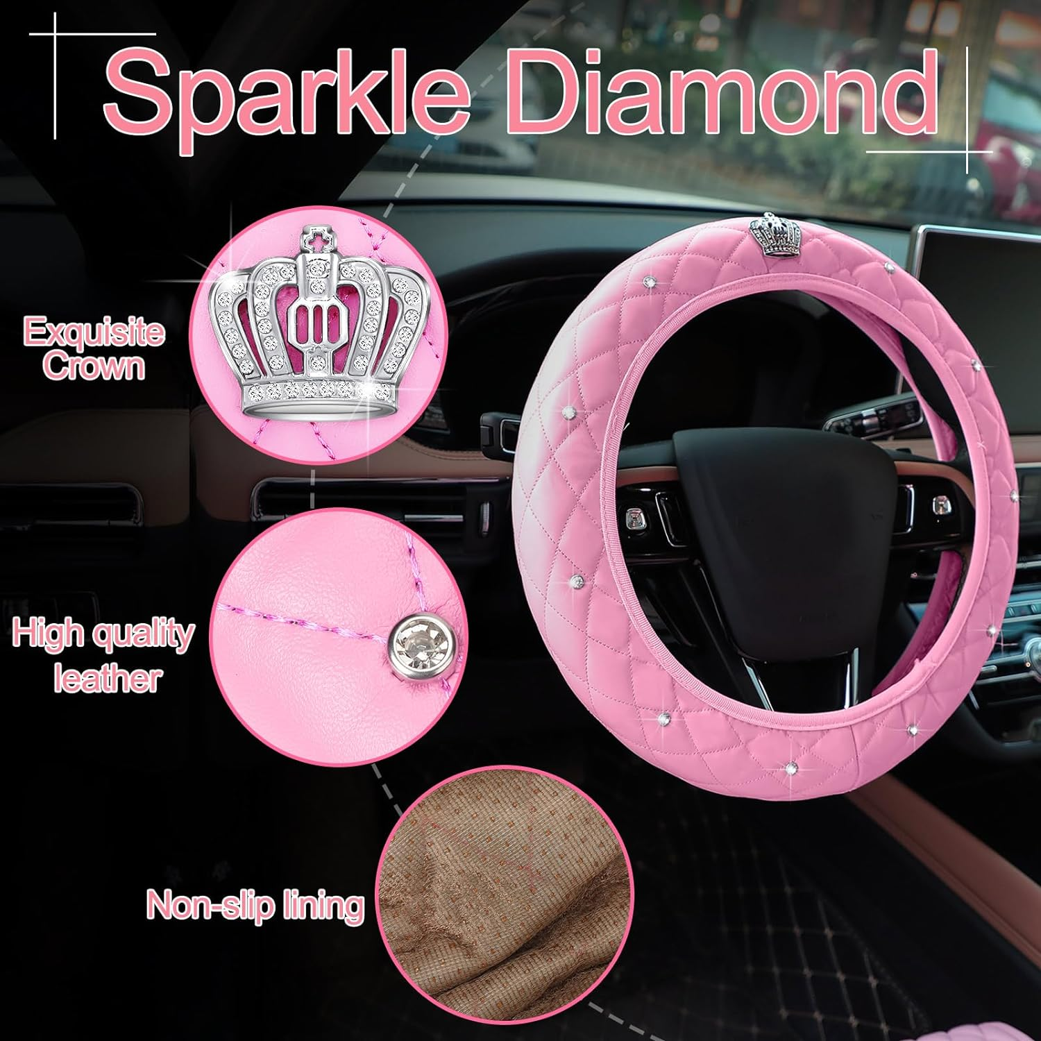 Tallew 14 Pcs Pink Car Accessories Set Leather Diamond Seat Cover Steering Wheel Cover with Center Console Pad Cup Holders Gear Protection for Women Car Interior Decor(Full Set) image number 1