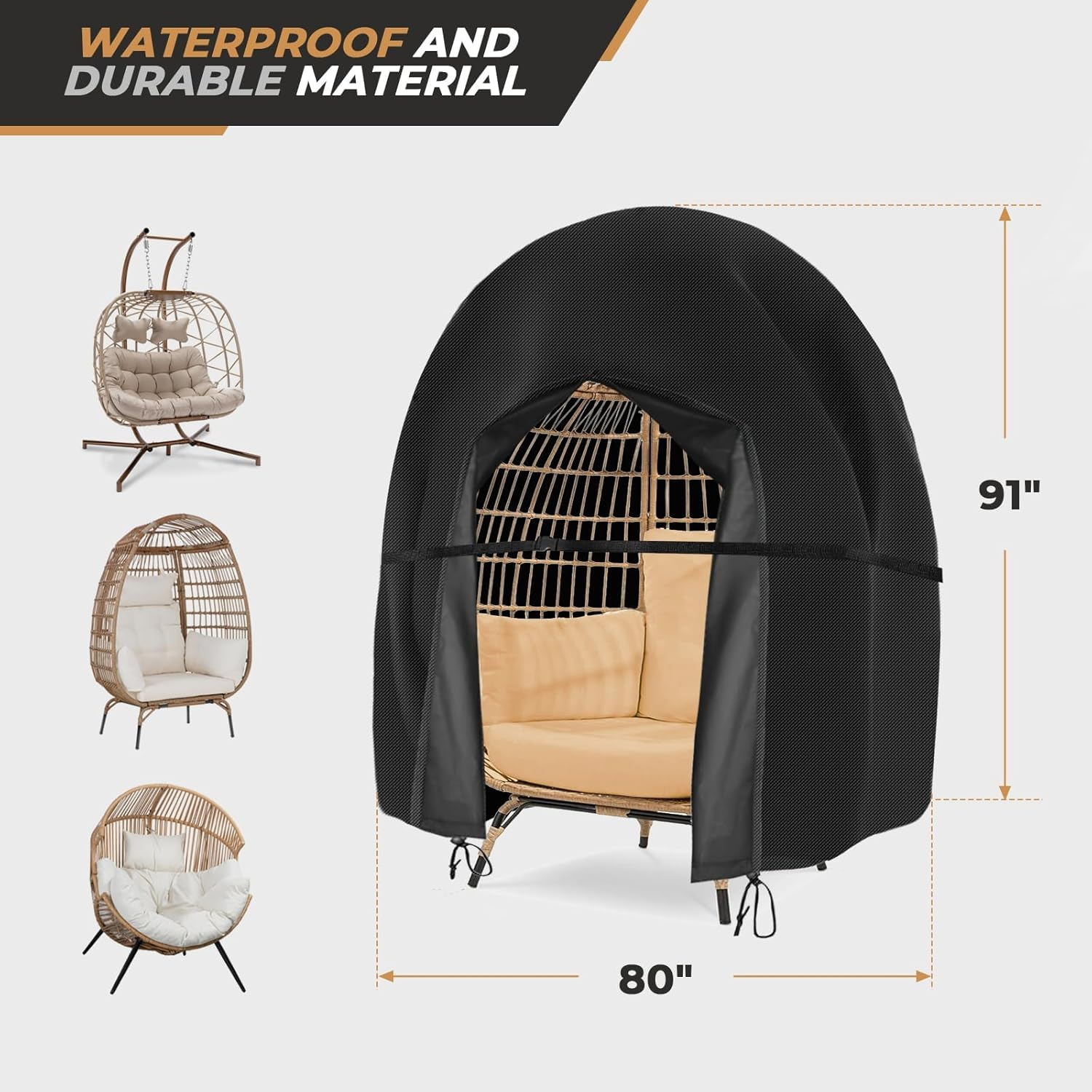 Wide Smile Double Egg Chair Cover Outdoor Waterproof Heavy Duty Garden Cocoon Wicker Patio 2 Seat Large Egg Swing Chair Pod Cover 420D Oxford Fabric with Zipper and Drawstring 230X200Cm Black image number 6