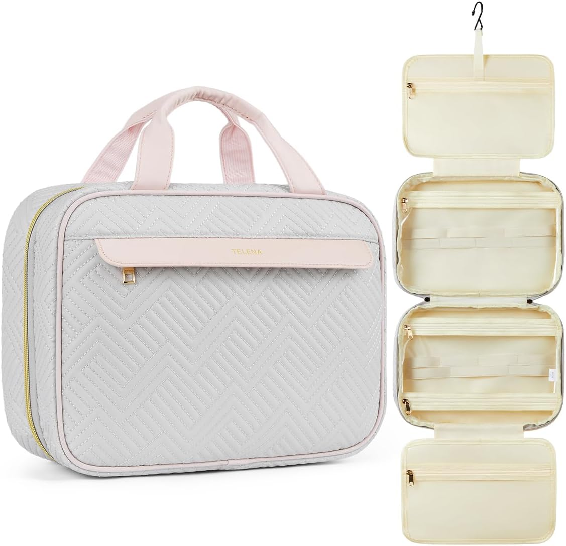 DDPOND Hanging Travel Toiletry Bag - Quilted Convenient & Stylish Organizer for Traveling Women, Pink