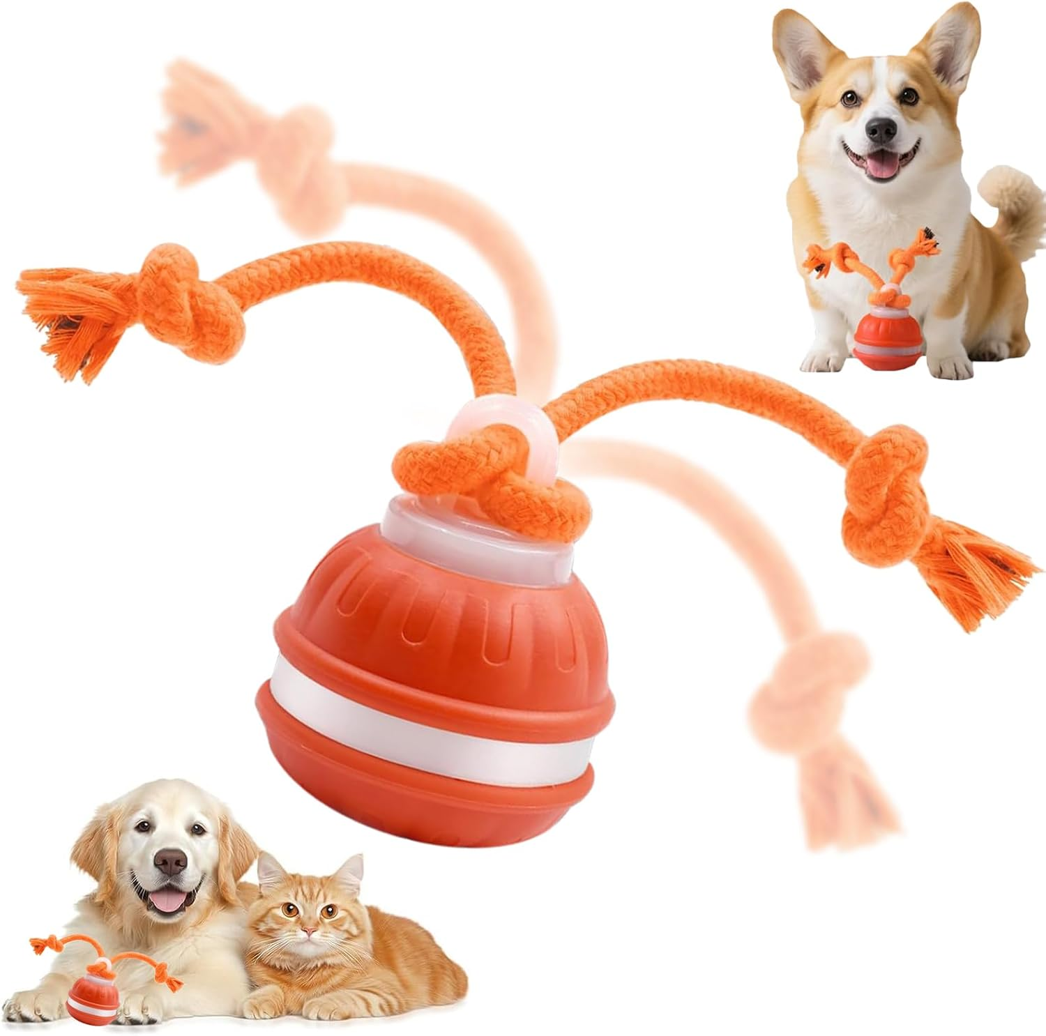 Interactive Dog Toys, Automatic Rolling Ball, Squeak Dog Toy, Touch Activated, USB Rechargeable Dog Ball Chew Toy with Fun Rope for Small/Medium/Large Dog Cat Indoor/Outdoor Boredom Enrichment