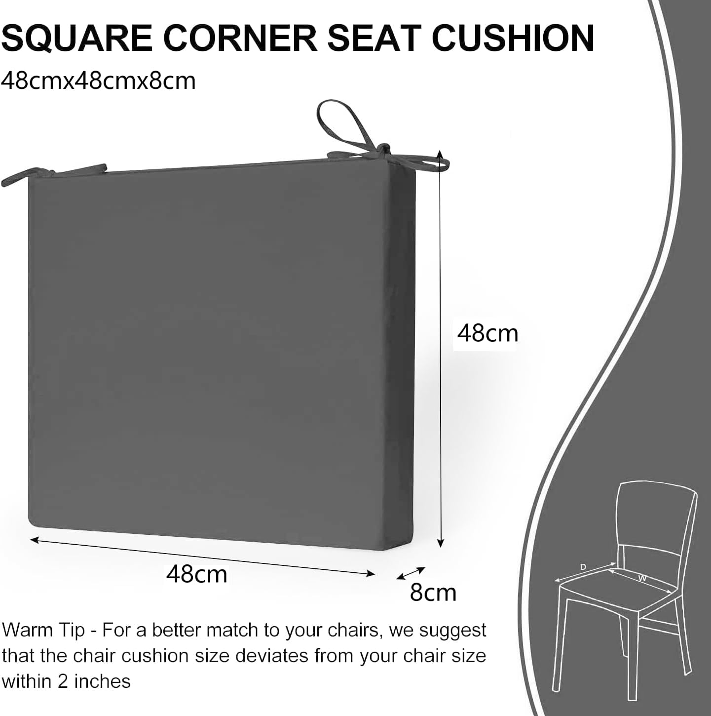 2 Set Patio Chair Cushion 48Cmx48Cm Waterproof Outdoor Seat Cushions for Patio Furniture 3-Year Color Fastness Garden Sofa Couch Chair Pads with Handle and Adjustable Straps(Light Gray) - Light Gray image number 3