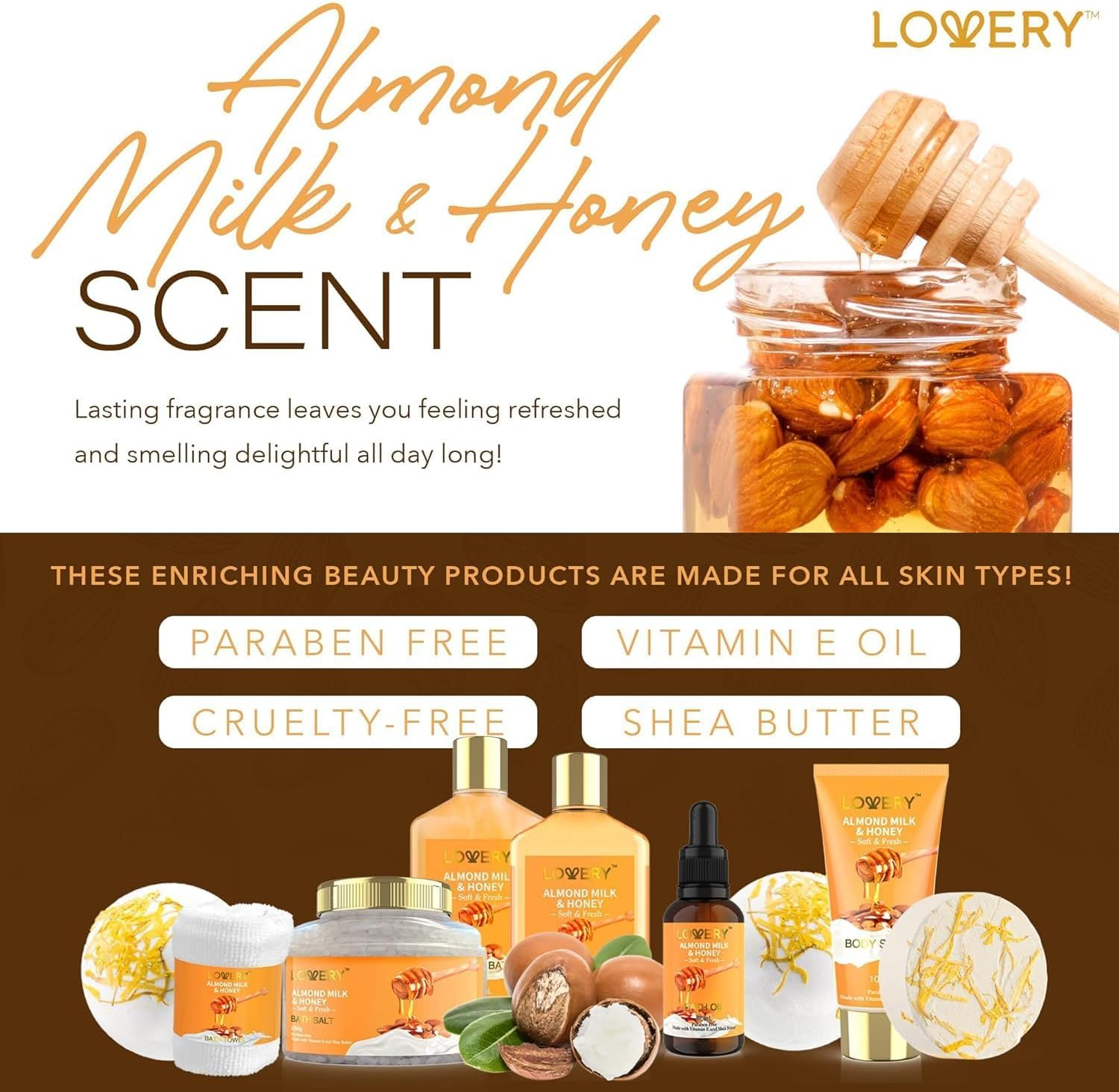 Bath and Body Gift Basket for Women and Men &ndash; Almond Milk & Honey Home Spa Set, Includes Fragrant Lotions, Extra Large Bath Bombs, Bath Oil, Luxurious Bath Towel & More&hellip; image number 2