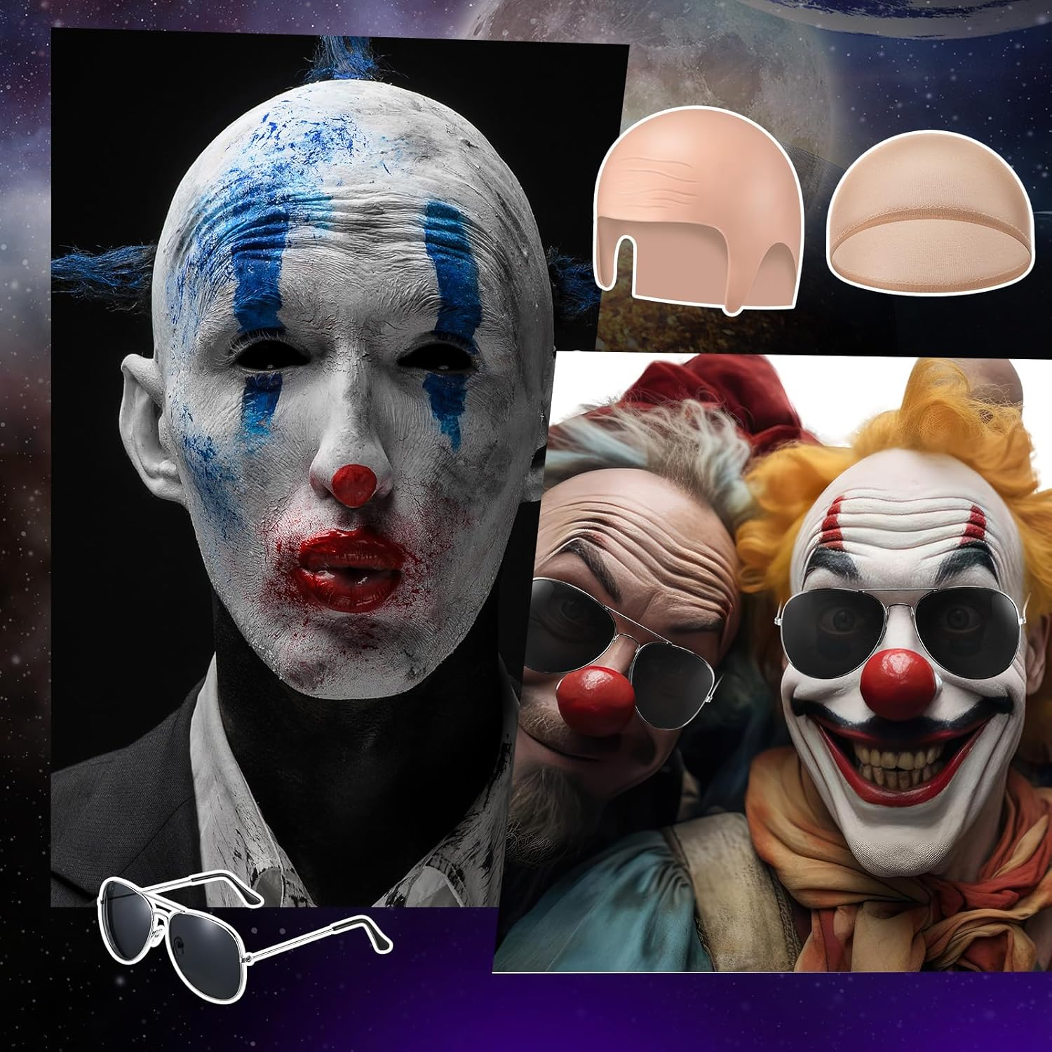 Mepase Bald Caps with Glasses for Adult Men Nylon Bald Head Wig Cap Can Be Cut for Halloween Music Festivals Concerts Cosplay image number 3