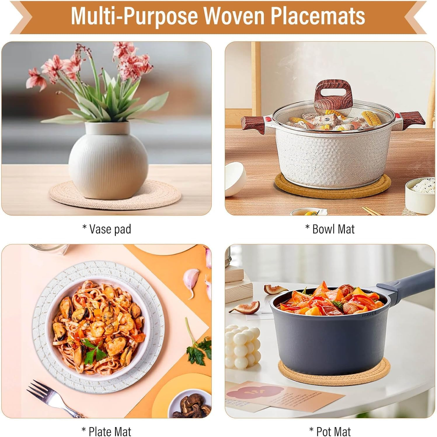 Weave Coaster Trivet Mats Set for Hot Dishes, 5 Heat Resistant Pot Holders for Kitchen, Home Essentials, anti Stain Hot Pads for Hot Pots and Pans, Fall Decorations for Home, 7 Inches image number 3