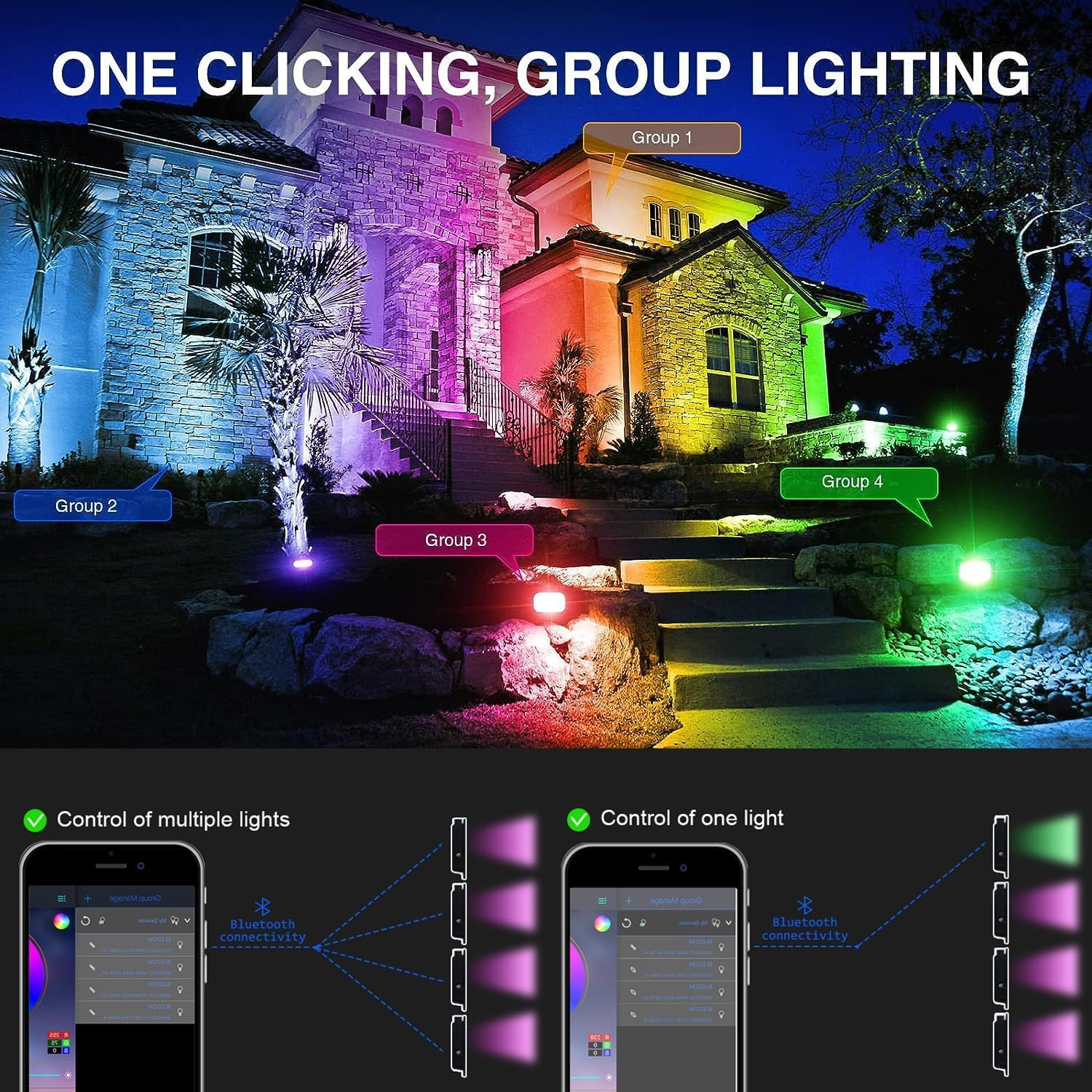 RGB LED Flood Light, 2 Pack 50W Smart RGB Color Changing Floodlight Outdoor, IP66 Waterproof Bluetooth App Control Stage Light, Dimmable RGB Lights for Party, Garden, Terrace, Christmas image number 4