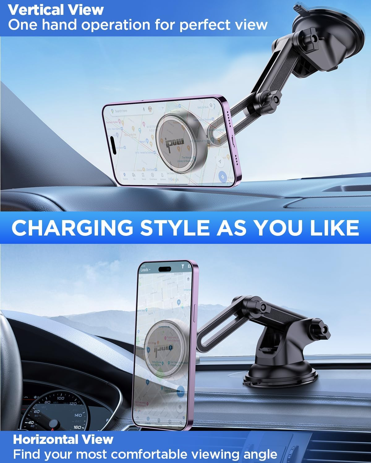 IPOW Magnetic Car Mount, Dashboard Magnetic Phone Holder for Car, Windshield Car Magnetic Phone Mount for Iphone 14/13/12 Series, Tap and Secure Mount, Black image number 5