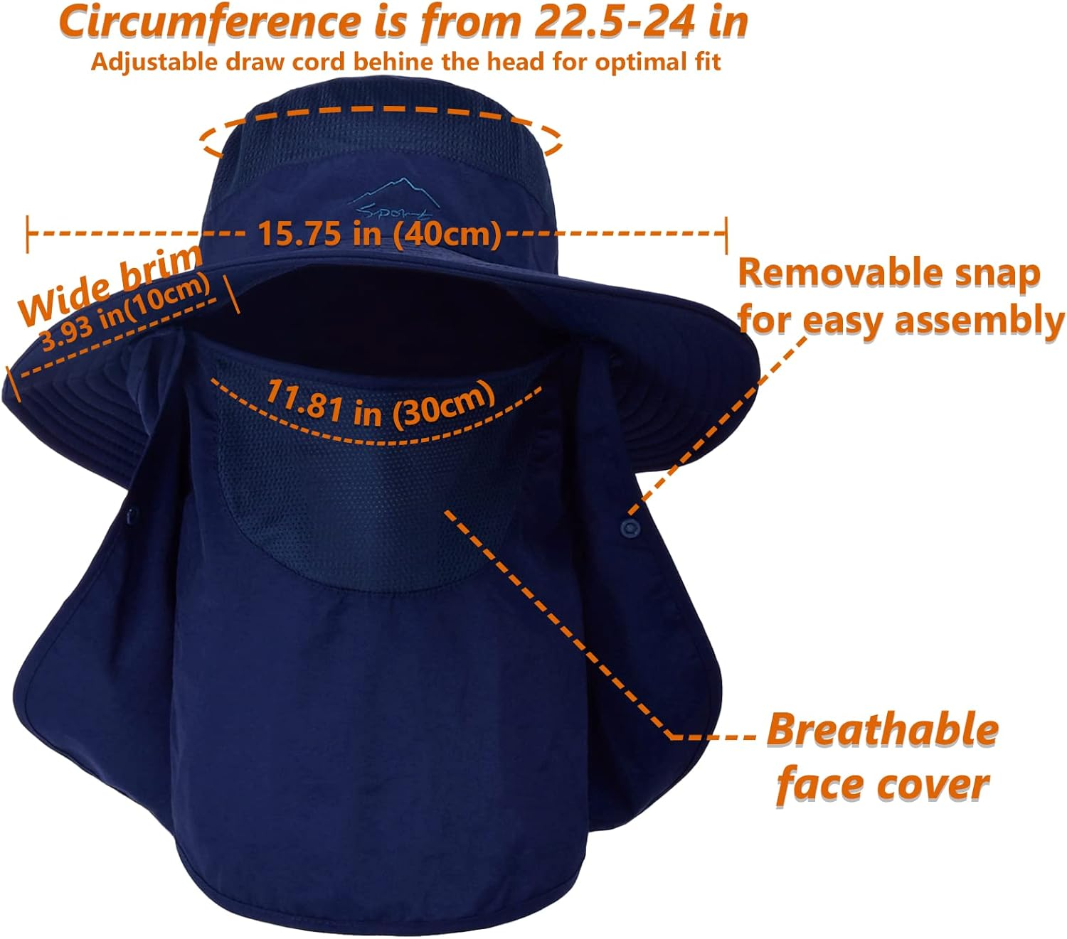 UPF 50+ Sun Fishing Hat for Men Women Wide Brim Hat with Detachable Face Cover & Neck Flap image number 3