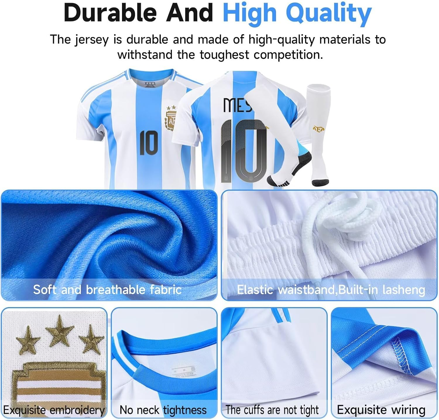 ZVCXOE Argentina Home Football Jersey Set No. 10 Children'S Jersey Football Training Suit #10 T-Shirt Shorts Socks Set Suitable for 5-13 Years Old image number 3