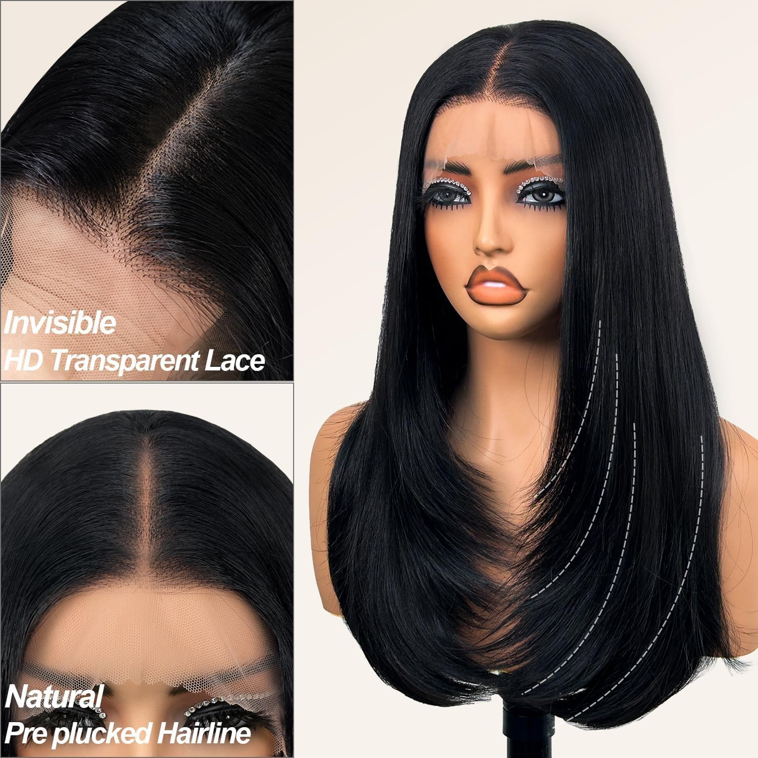 Glueless Synthetic Lace Front Wig 26 Inches Long Straight Black Wigs for Women 13X5X1 HD Lace Hand Tied Pre Plucked Hairline image number 5