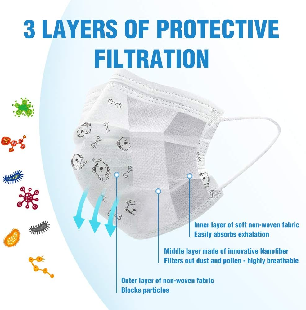 Childrens Disposable Face Mask - Flyaudio 50Pcs 3 Ply Face Mask for Kids with Earloops, Breathable Comfortable, Soft on Skin, Perfect Size Mask for Boys & Girls, White Dog image number 6