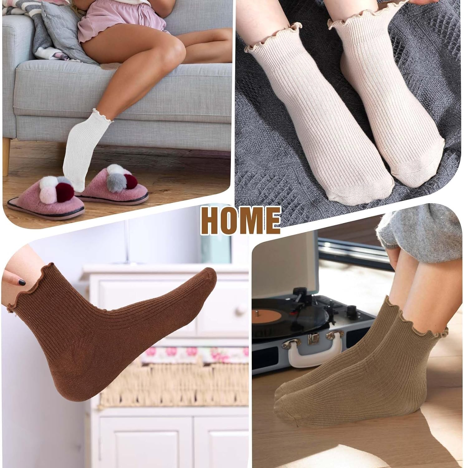 6 Pairs Womens Ruffle Socks,H HOME-MART Ruffle Turn-Cuff Casual Ankle Frilly Socks White Crew Socks Women Breathable Cool image number 4