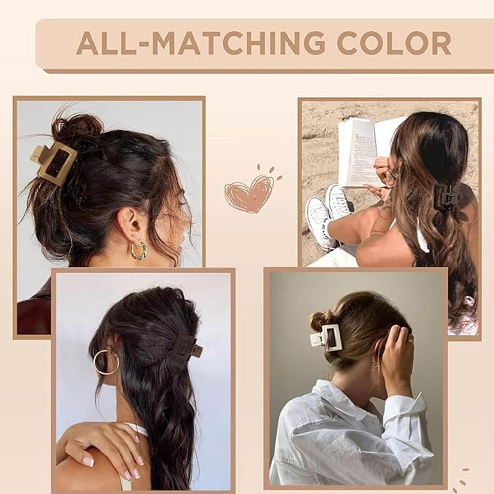 Medium Hair Claw Clips Set for Women Girls - 3 Styles, 9Pcs Rectangle Square and Double Row Teeth Hair Clips for Thick Thin Hair - Nonslip Jaw Clips (Beige, Brown, Black)