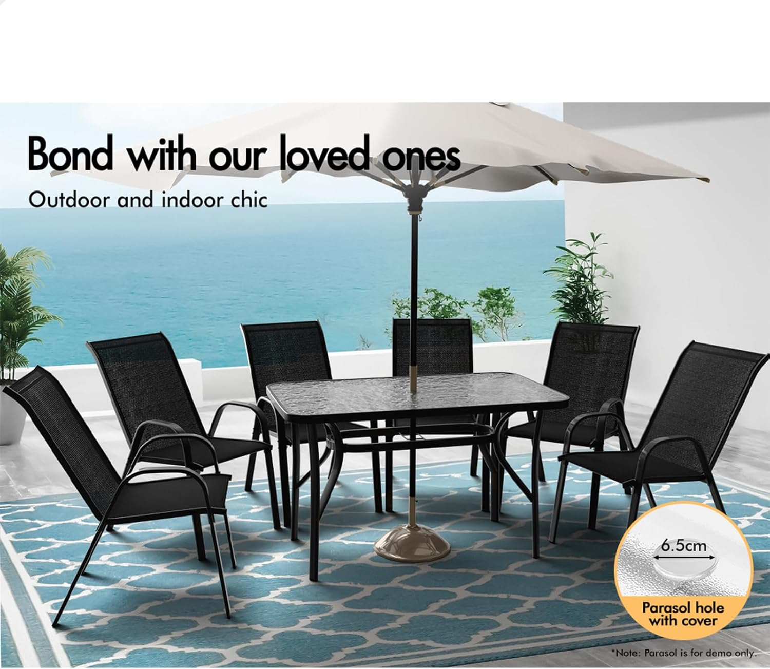 ALFORDSON 7 Pcs Outdoor Dining Set with Patio Table and Chairs, Black All-Weather Textilene Fabric Indoor Bar Set, Garden Patio Furniture for Patio, Garden, Lawn, Balcony and Swimming Pool Side - Black image number 2