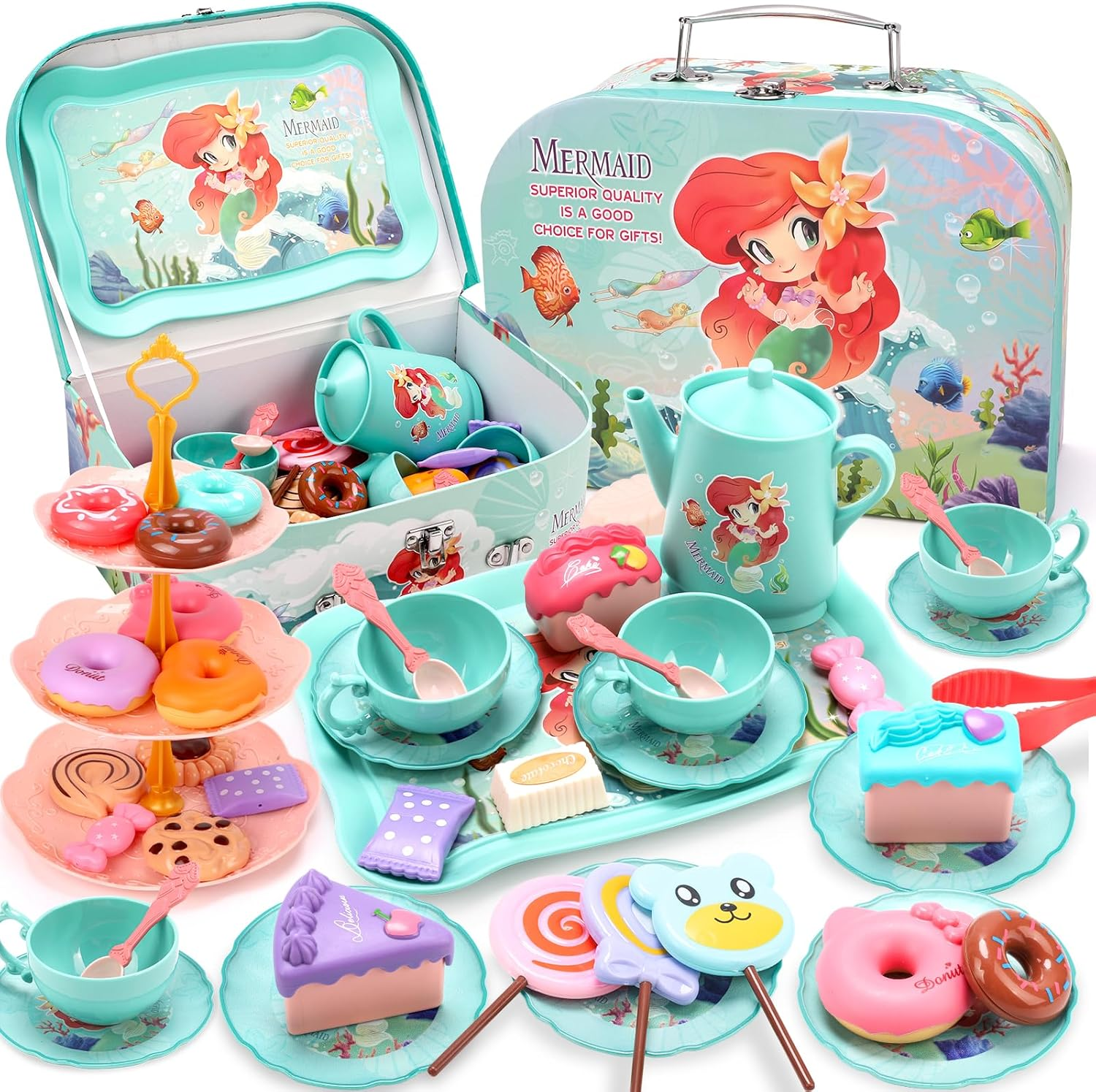 REMOKING 45PCS Mermaid Toys Tea Set for Girls,Birthday Gifts for Age 3+ Year Old Kids,Pretend Teapot,Dessert Playset, Carrying Case for Role Play,Princess Toy for Girls 2-6 Year Old image number 1