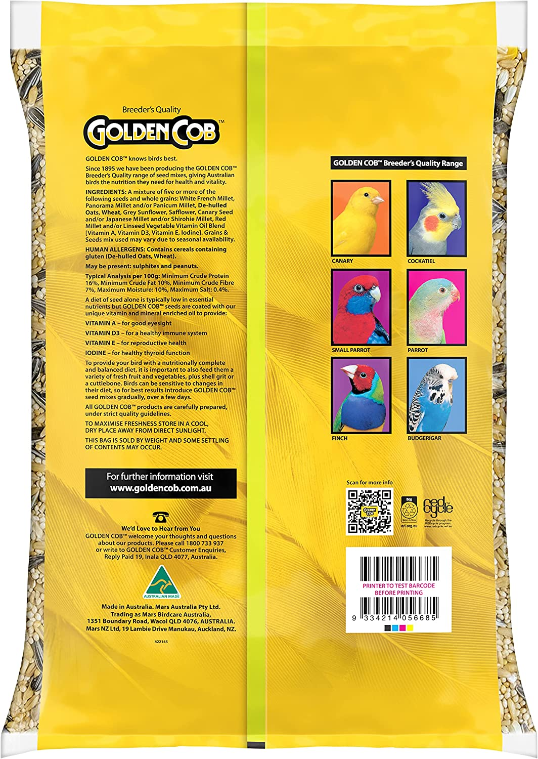 Golden Cob Small Parrot Seed Mix 10Kg &ndash; Premium, Breeder'S Quality Bird Feed with Added Vitamins & Iodine &ndash; Mix of at Least 5 Millets Grains and Seeds &ndash; Bird Food Made in Australia for Small Parrots image number 2
