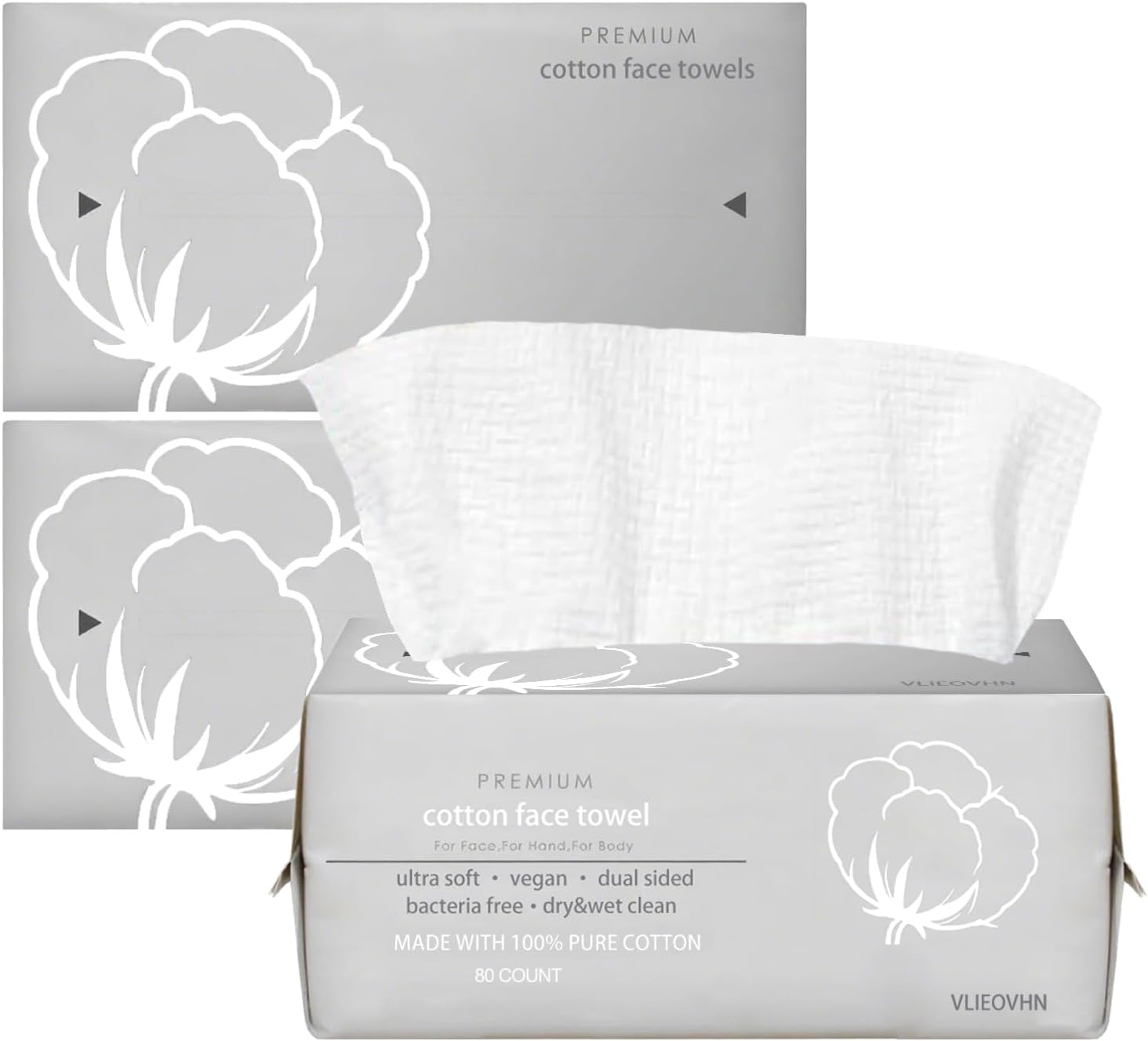 VLIEOVHN Disposable Face Towels 3 Pack 240 Counts,Premium Cotton Facial Tissue,Clean Skin Towel,Ultra Thick & Soft, Dual-Sided Textured & Smooth Facial Towel, Makeup Removal, Baby Wipes, Dry & Wet Clean image number 2