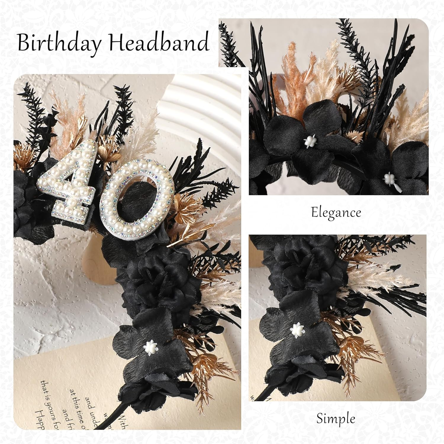 Partyforu Black Flower Birthday Headband - Birthday Crown Happy Birthday Headband for Her Birthday Gifts for Women Party image number 4