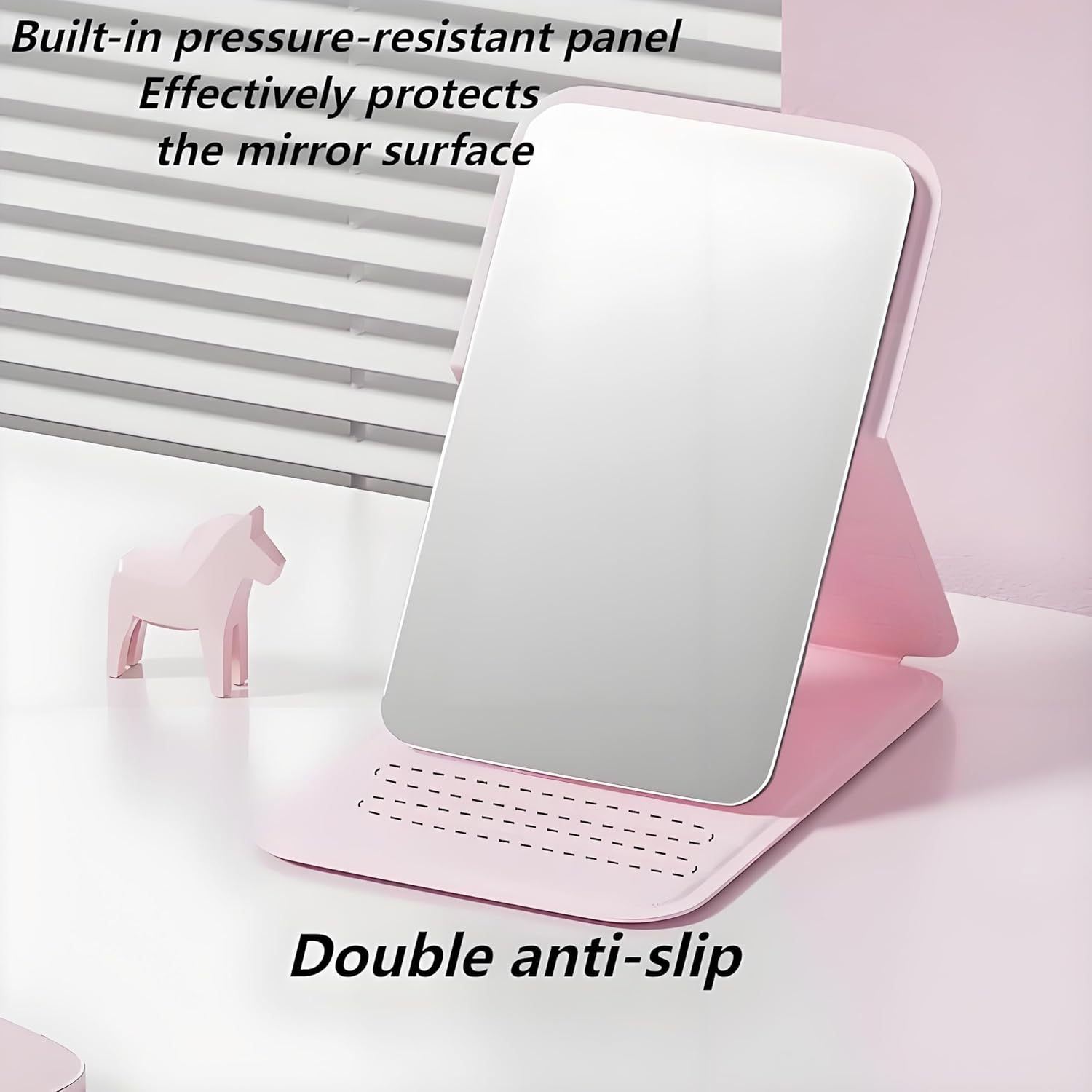 2 Pack Mini Portable Makeup Mirrors - Foldable Desktop Mirror with Leather Case, HD Anti-Distortion Glass for Students, Travel & Dorm (Black & Pink, 10Cm) image number 4