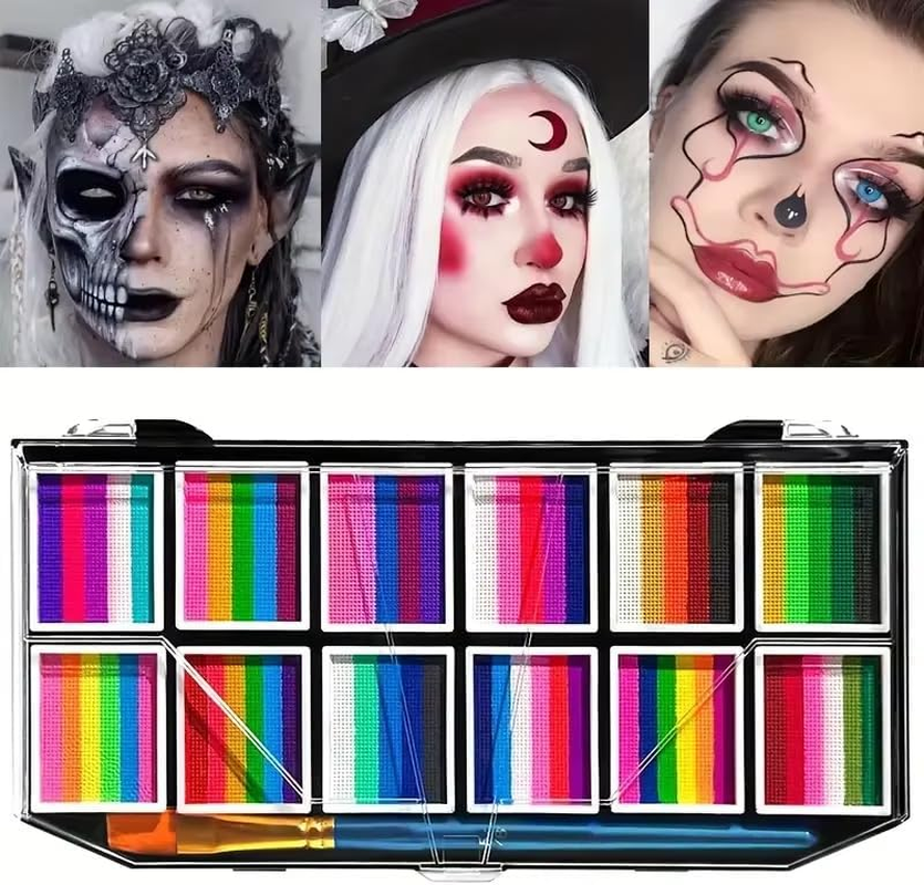 12-Color Water-Based Face Body Paint Set with Brushes, Rainbow Professional Face Painting Kit Body Paint Palette with 1 Painting Brushes, Halloween Makeup Washable Face Paint image number 1