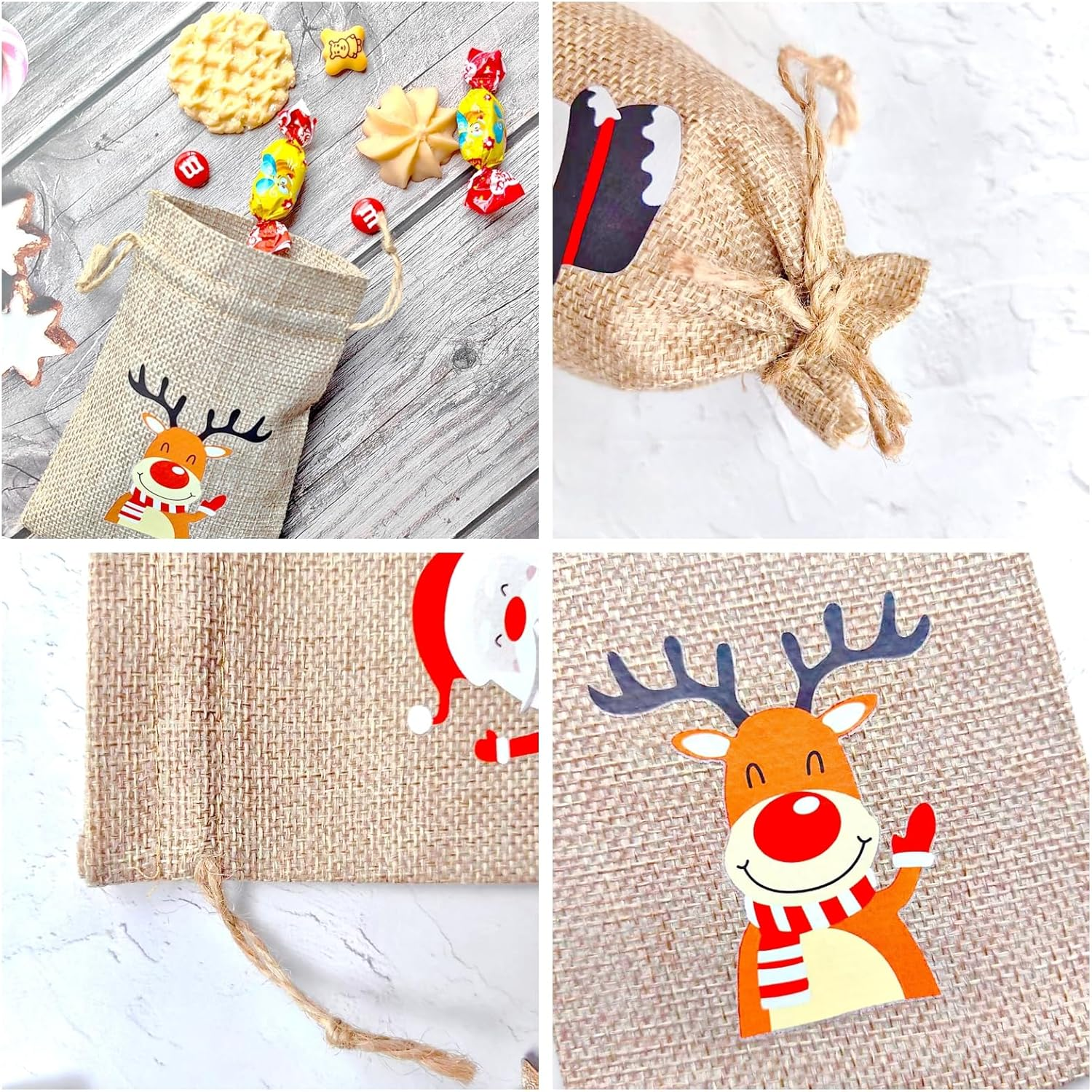 12 Pack Christmas Linen Bags, 10 X 15 Cm Bags, Candy Goodie Treat Bags, Drawstrings Burlap Bags for X&lsquo;Mas Party, Reusable Wrapping Bags (12 DESIGNS) - Graphic image number 3