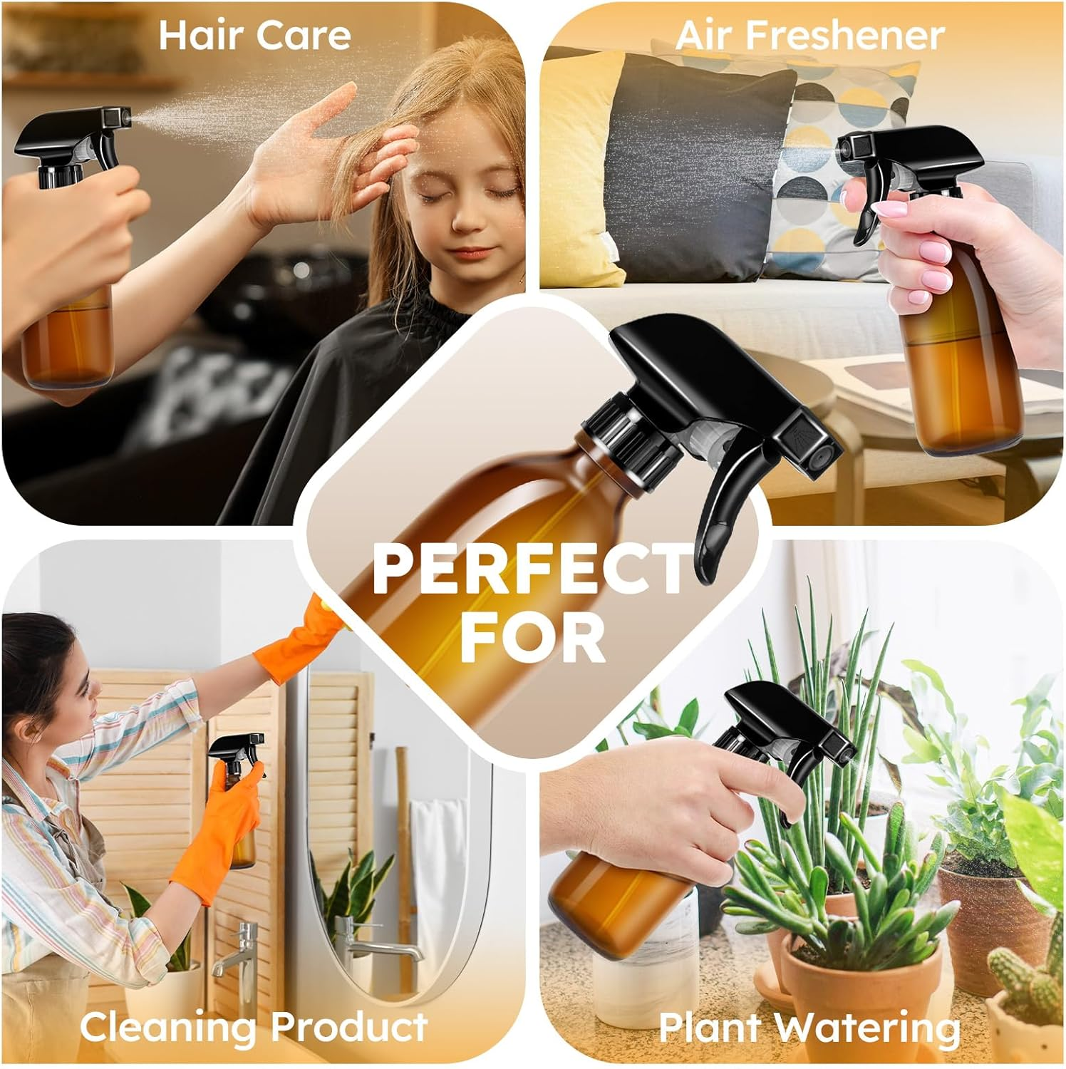 Tecohouse Glass Spray Bottle 250Ml for Cleaning Product and Esssential Oil, Amber Empty Refillable Sprayer Container with Labels, Funnel, Lids, Graduated Pipettes - Handheld Size