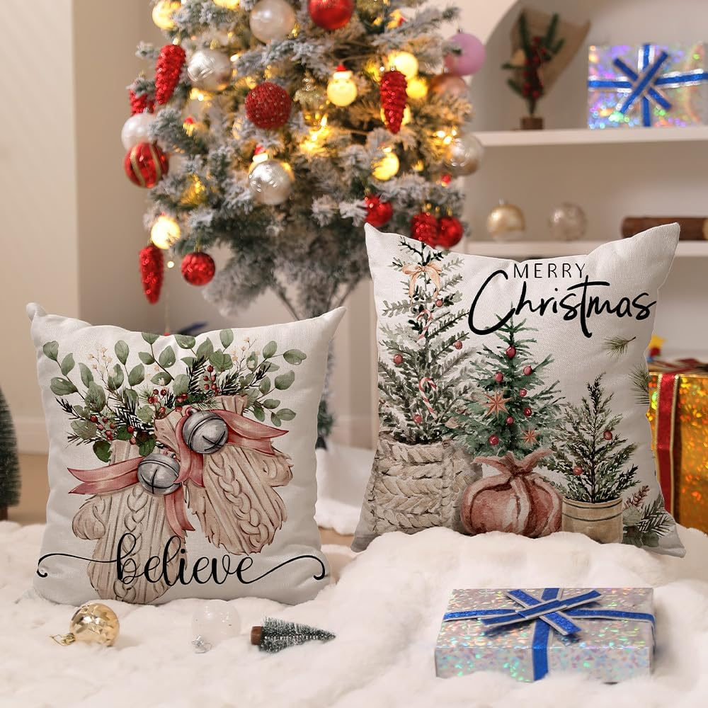 DFXSZ Christmas Pillow Covers 18X18 Inch Set of 4 Christmas Tree Gloves Hello Winter Decorative Throw Pillow Covers Winter Farmhouse Decoration for Home Couch 134