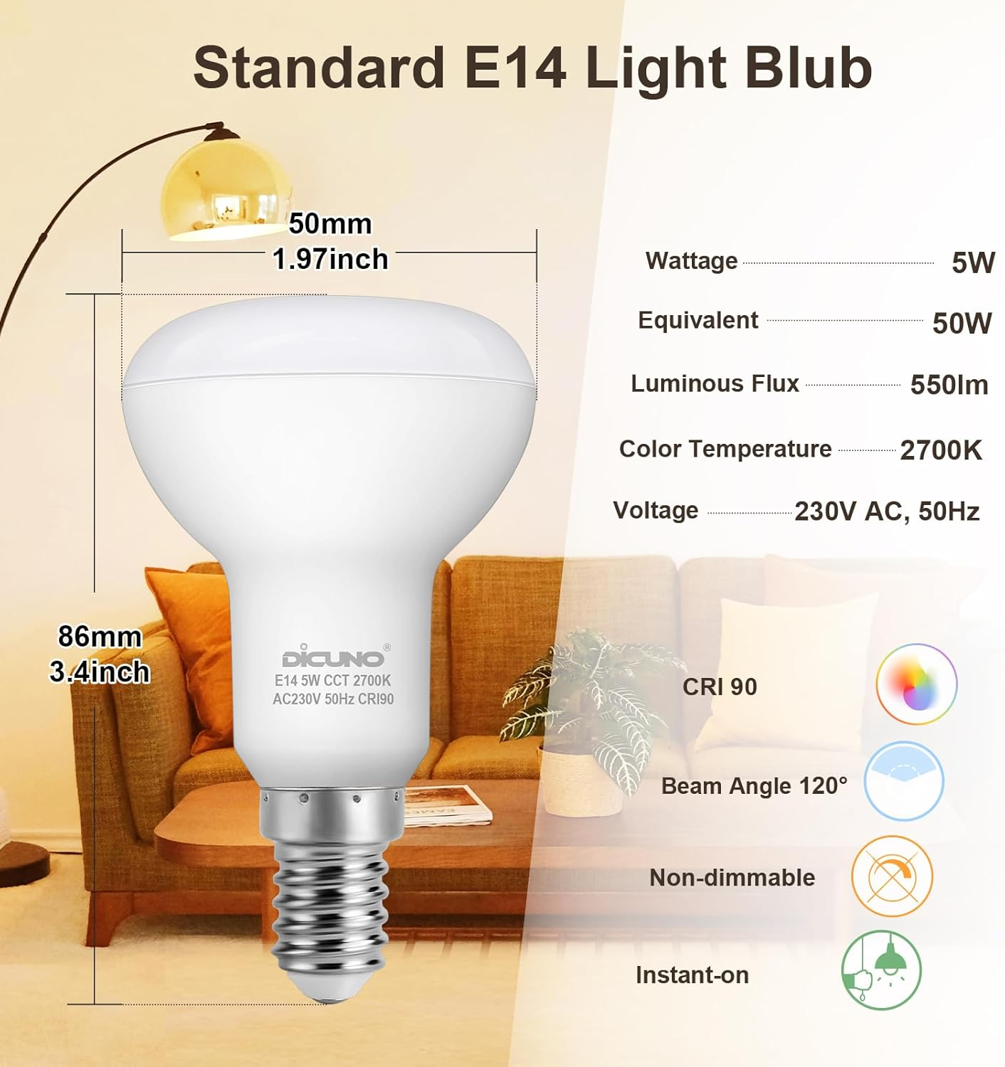 Dicuno E14 LED Light Bulb, R50 Reflector Bulbs 5W, 550LM, 50W Equivalent, Warm White 2700K, SES LED Spotlight, CRI90, Non-Dimmable, Pack of 6