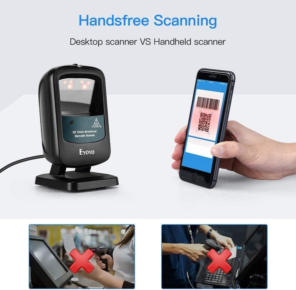 Eyoyo 2D Hands-Free Barcode Scanner, Omnidirectional USB Wired Desktop Barcode Reader 1D 2D PDF417 Data Matrix Bar Code Reader with Automatically Scanning for Retail Store Supermarket Mall Business image number 1
