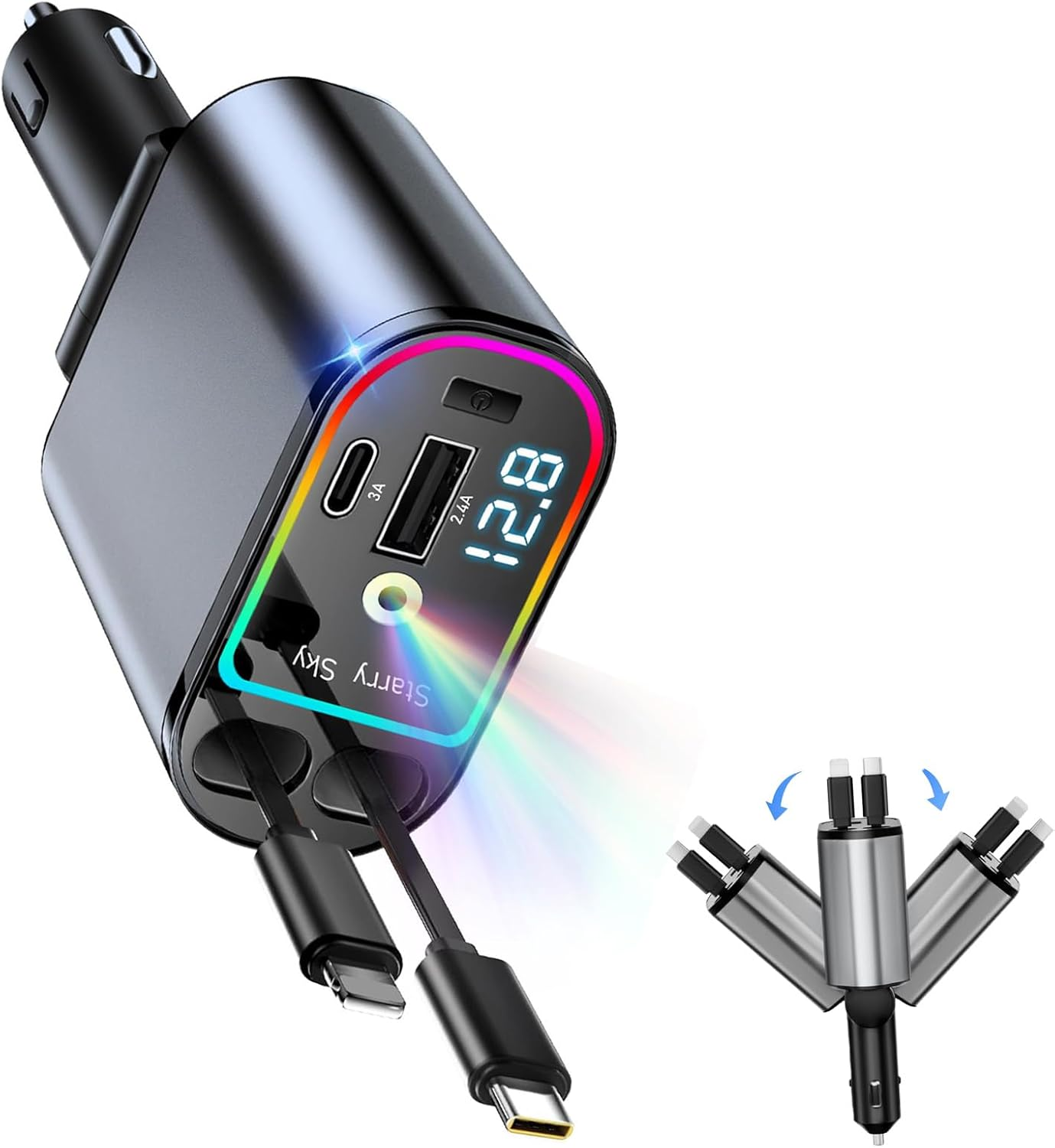 Upgraded Retractable Car Charger 120W with Starlight, 4 in 1 Retractable Car Charger with Type-C Cable, Ios Cable, USB-C & USB-A Compatible with Iphone 16/15/14/13/12/11,Galaxy,Pixel