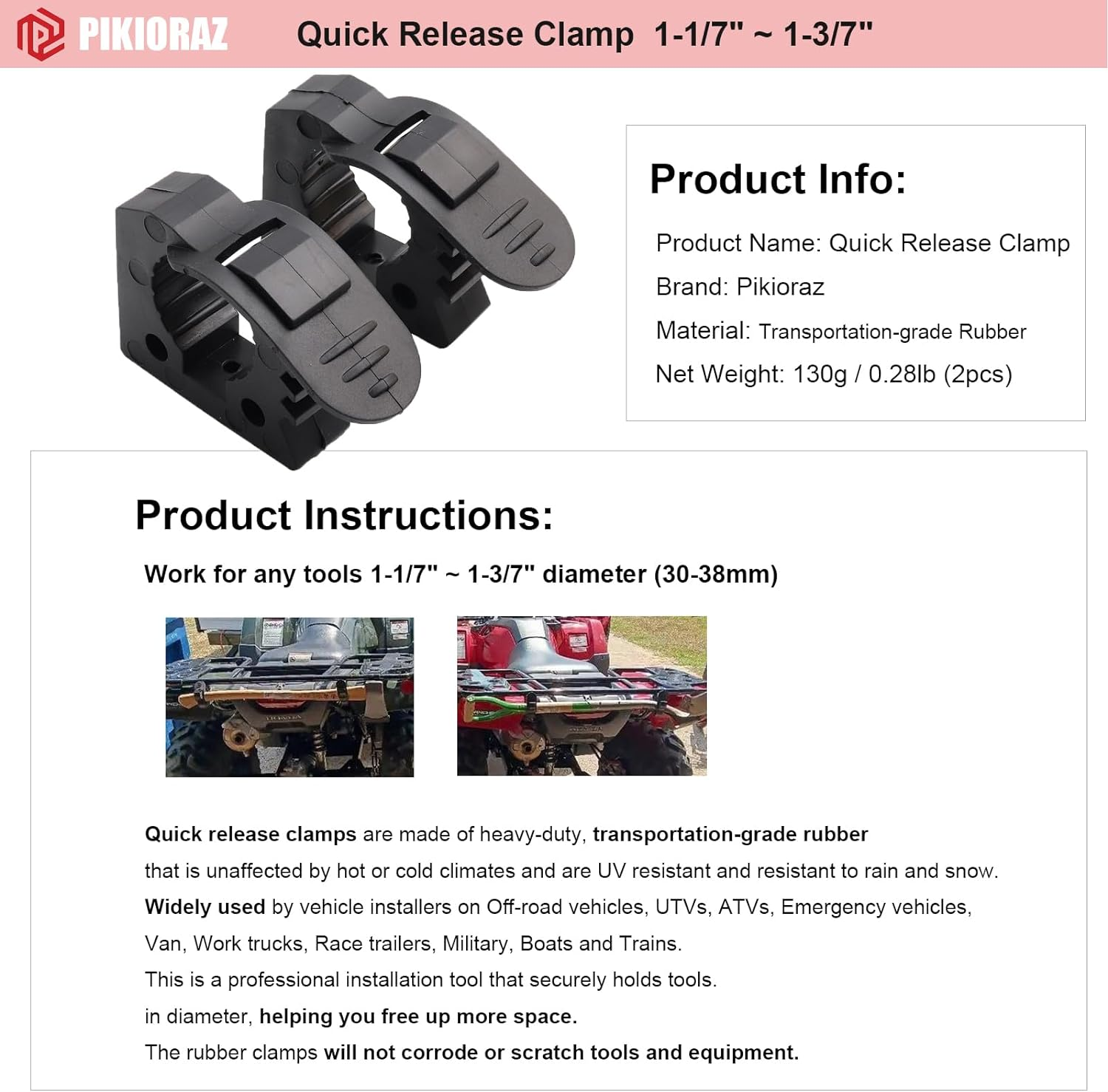 Pikioraz 2PCS Quick-Release Clamp Mount, Rubber Clamp Grip for 1-1/7'' - 1-3/7'' Diameter Tools and Equipment Used on Off-Road Vehicle, UTV, ATV, Van, Trucks, Boat, Train image number 3