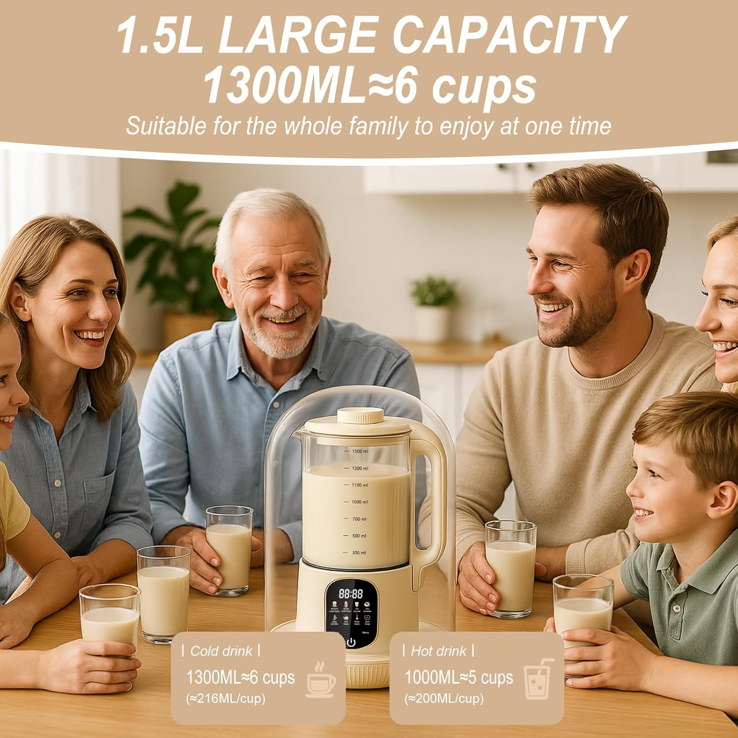 1500Ml Nut Milk Maker Machine 6-In-1 Automatic Soy Milk Maker for Almond, Oat, Soy & Plant-Based Milks, Non Dairy Beverages with Delay Start/Auto-Clea/Keep Warm/Boil Water image number 3