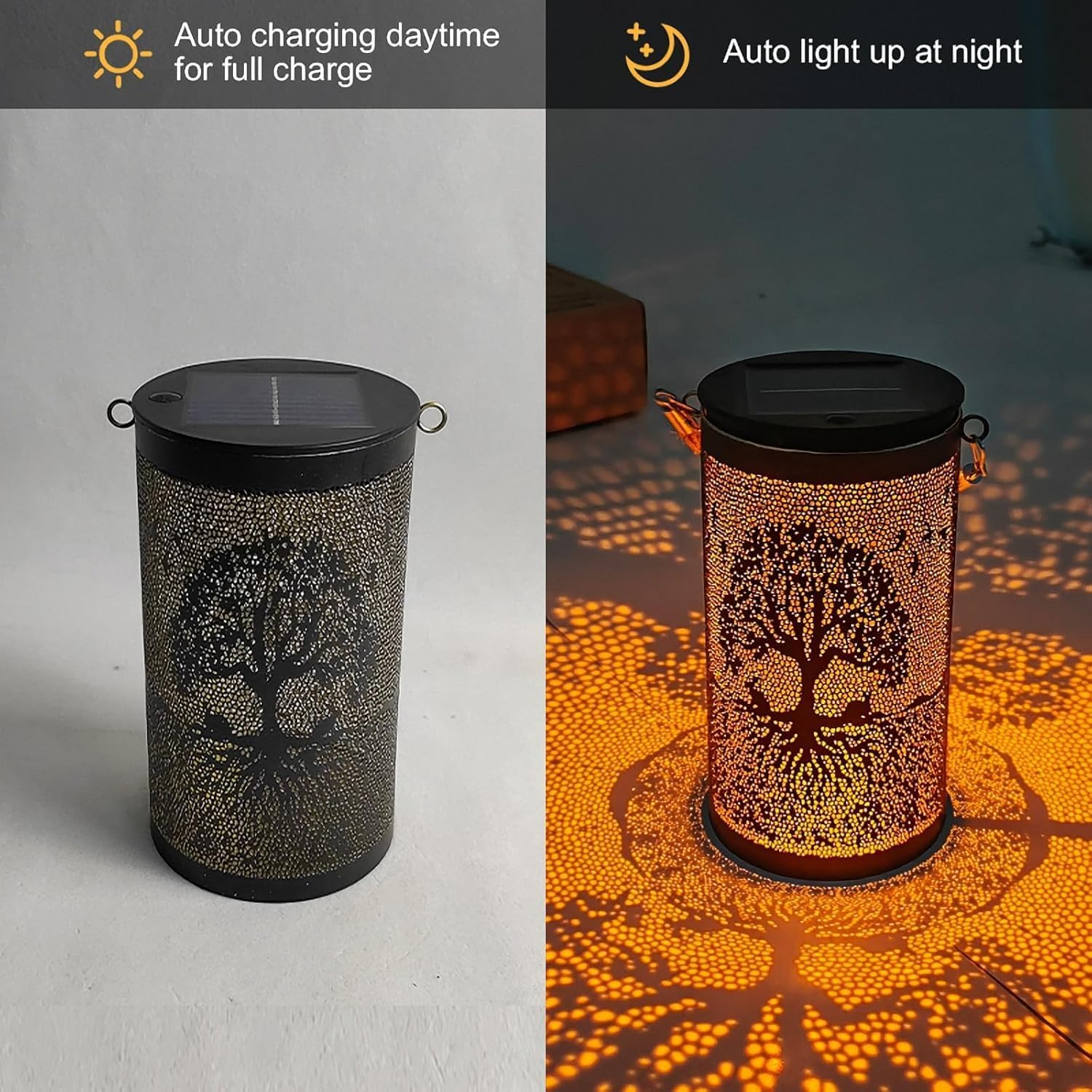 Ironwork Solar Lanterns Outdoor Hanging Lights, Metal Solar Powered Table Lamp Hollowed Out Waterproof Lanterns for Garden Decor outside Patio Yard Pathway (Trees) image number 1