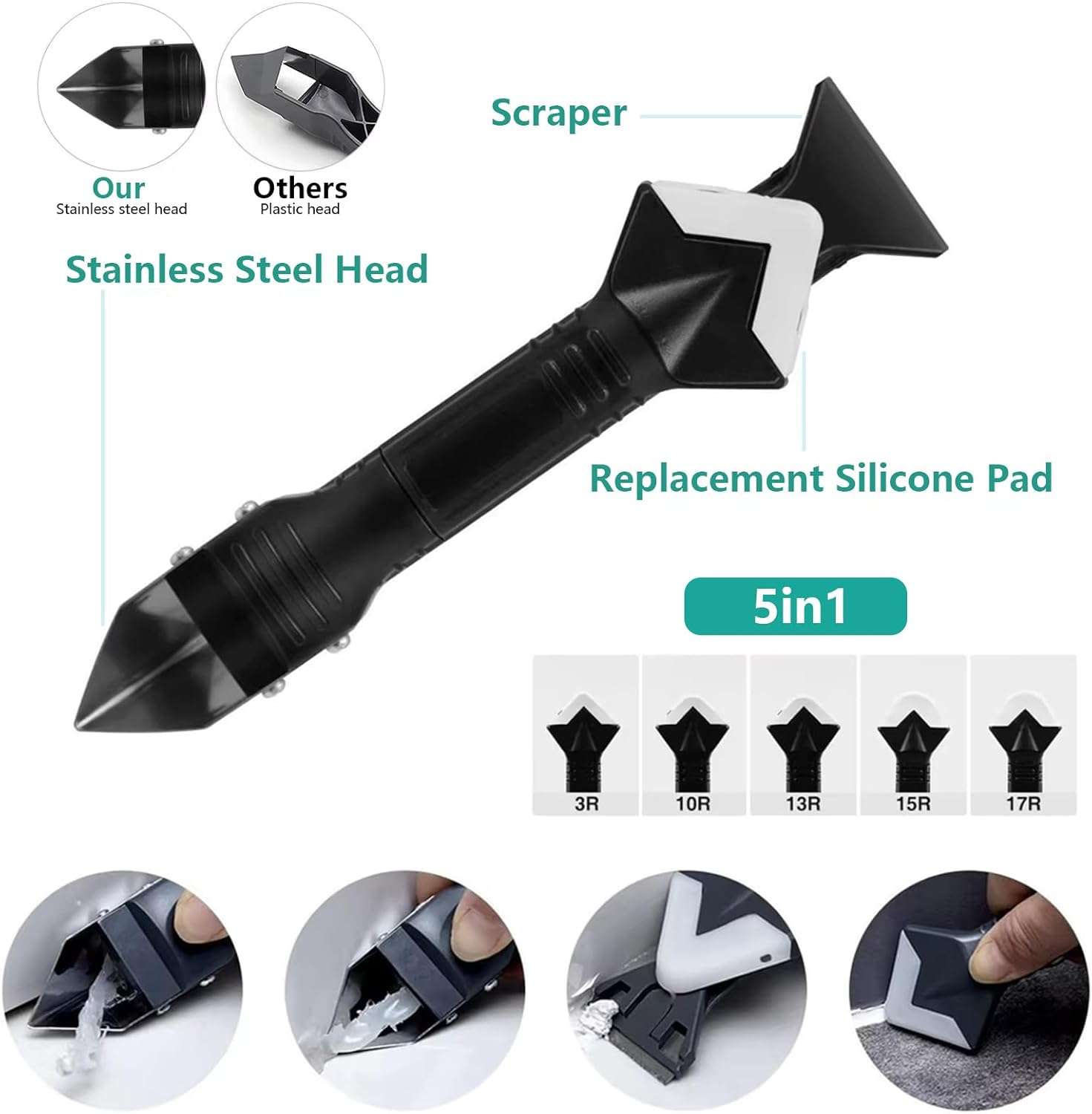 MEIYUETAOSI Caulking Removal Tool 3 in 1 Generic Silicone Caulking Tools, Grout Removal Tool, with Grout Scraper, 6 Exchange Silicone Pads for Bathroom, Kitchen, Floor, Sink Joint (White) image number 1