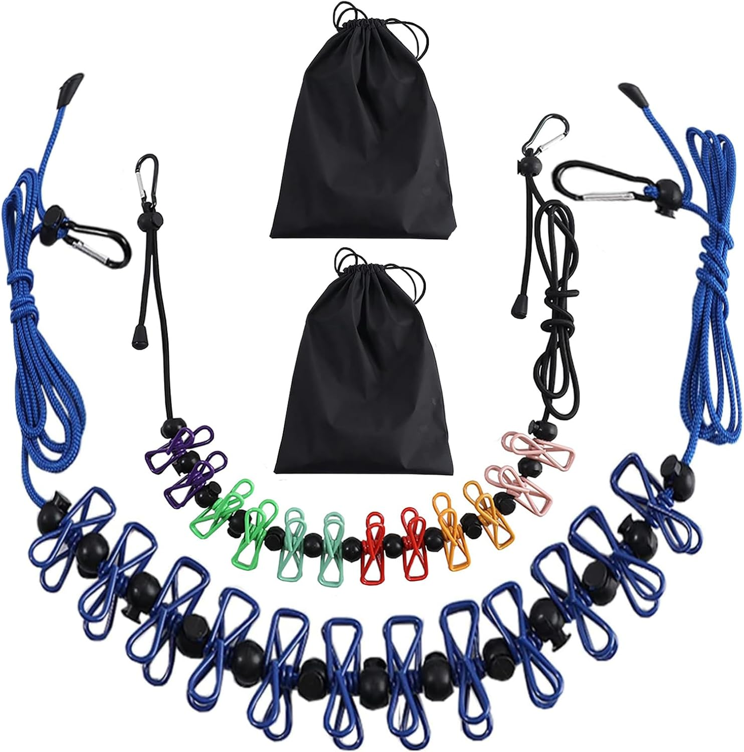 2 Pack Portable Clothesline with Climbing Carabiner Travel Clothesline with 12 Clothespins, Home Retractable Portable Clothesline for Indoor and Outdoor, Outdoor Camping (Blue)