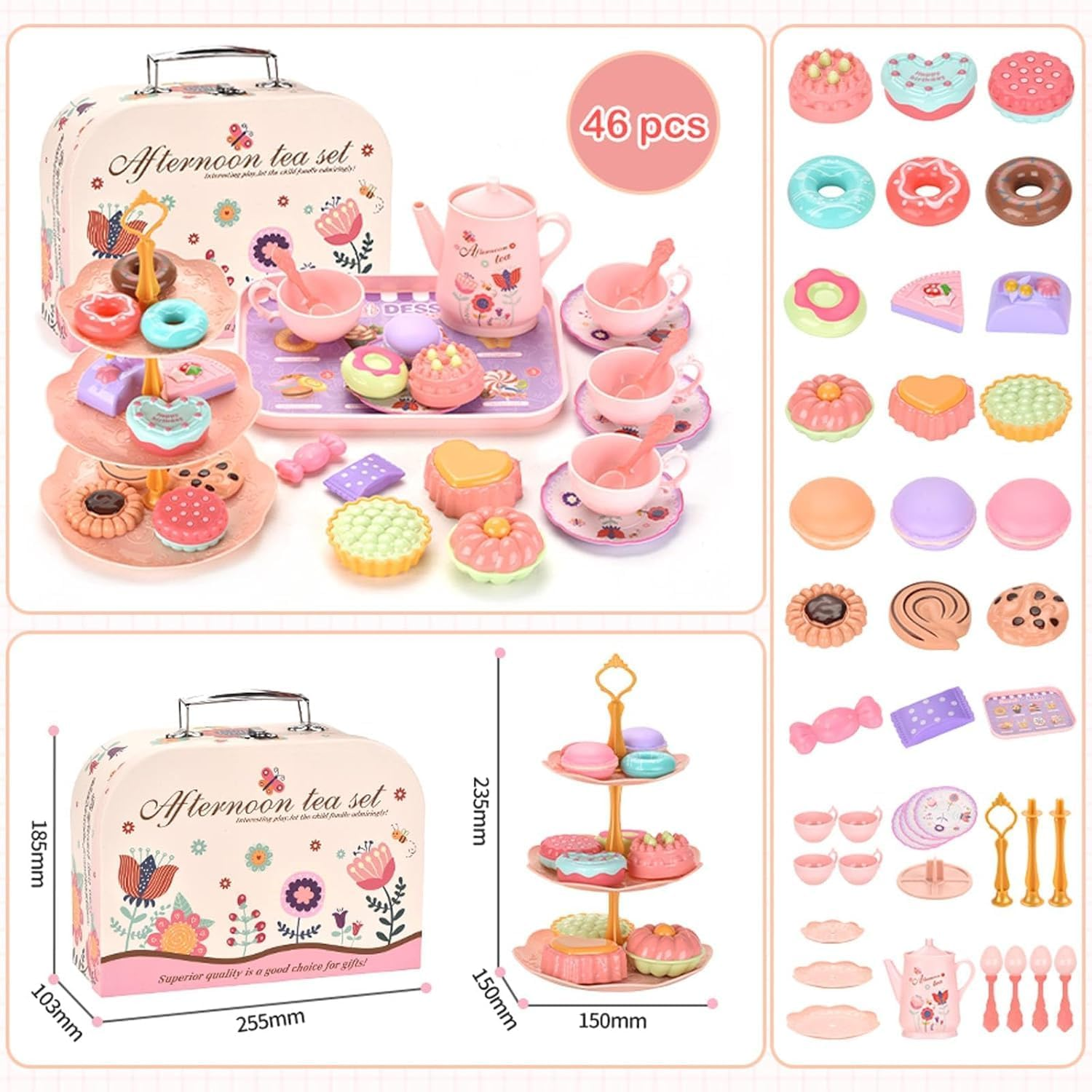 46Pcs Kids Tea Party Set for Little Girls, Princess Tea Time Toy for 3-8 Year Old Girls, Cute Princess Play Toddlers Tin Tea Set Birthday Toys Pretend Toys with Desserts, Flower Teapot, Carrying Case
