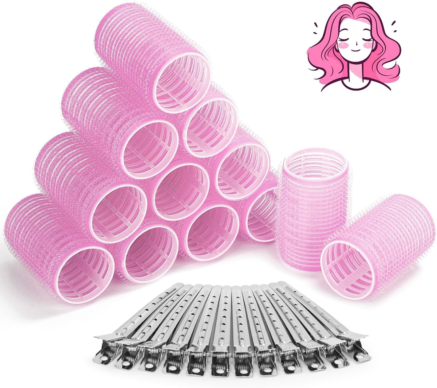 Hair Curlers Rollers, 12Pcs Hair Rollers Hair Curlers Self Grip Holding Rollers with 12 Pcs Hair Clips for Long Medium Short Thick Fine Thin Hair Bangs Volume