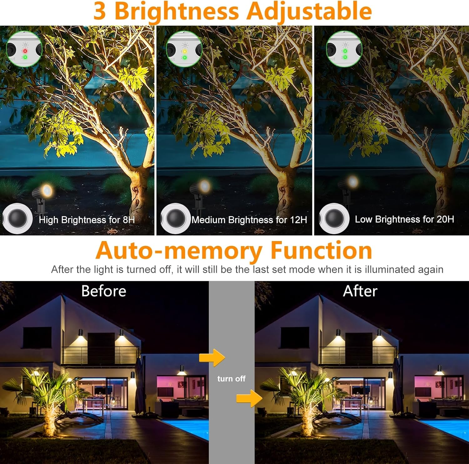 MEIKEE Solar Spot Lights Outdoor 3 in 1 Warm White 3000K LED Spotlights with Solar Panel, 3 Modes & 3 Brightness, IP66 Waterproof, 8-20H Autonomie Landscape Lighting for Garden Yard Lawn Tree Path image number 2