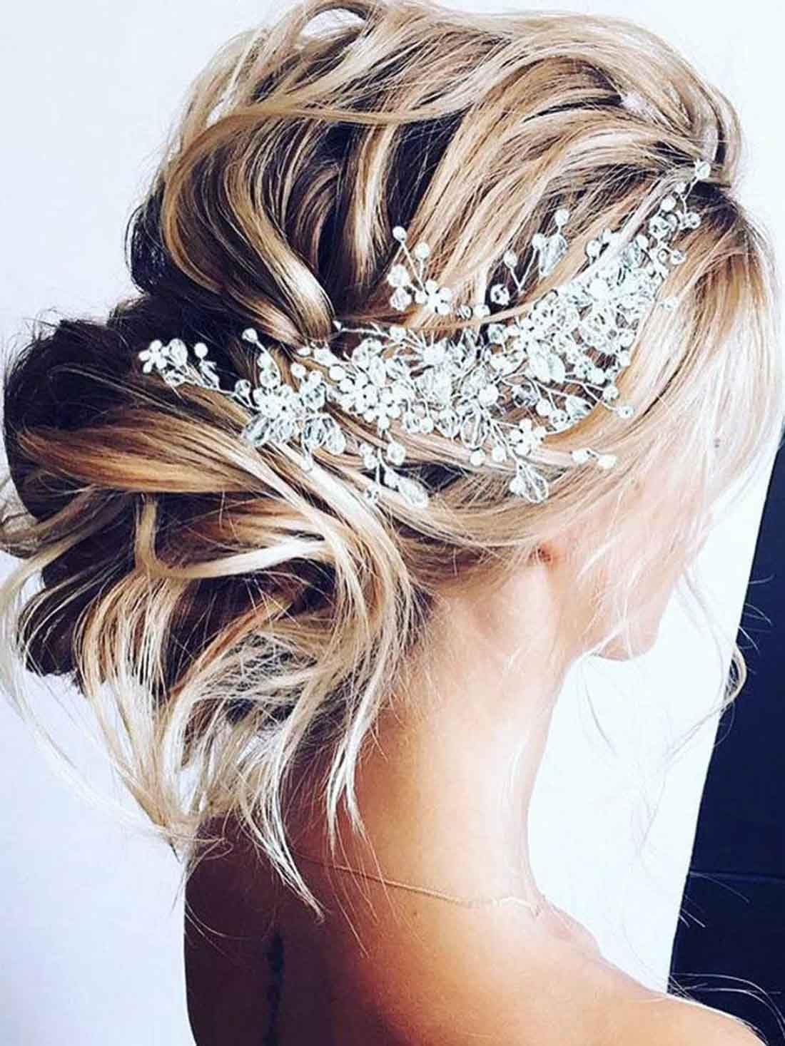 Resweky Bride Wedding Flower Hair Vine Silver Rhinestone Crystal Bridal Hair Pieces Beads Wedding Hair Band Accessories for Women Girls image number 2