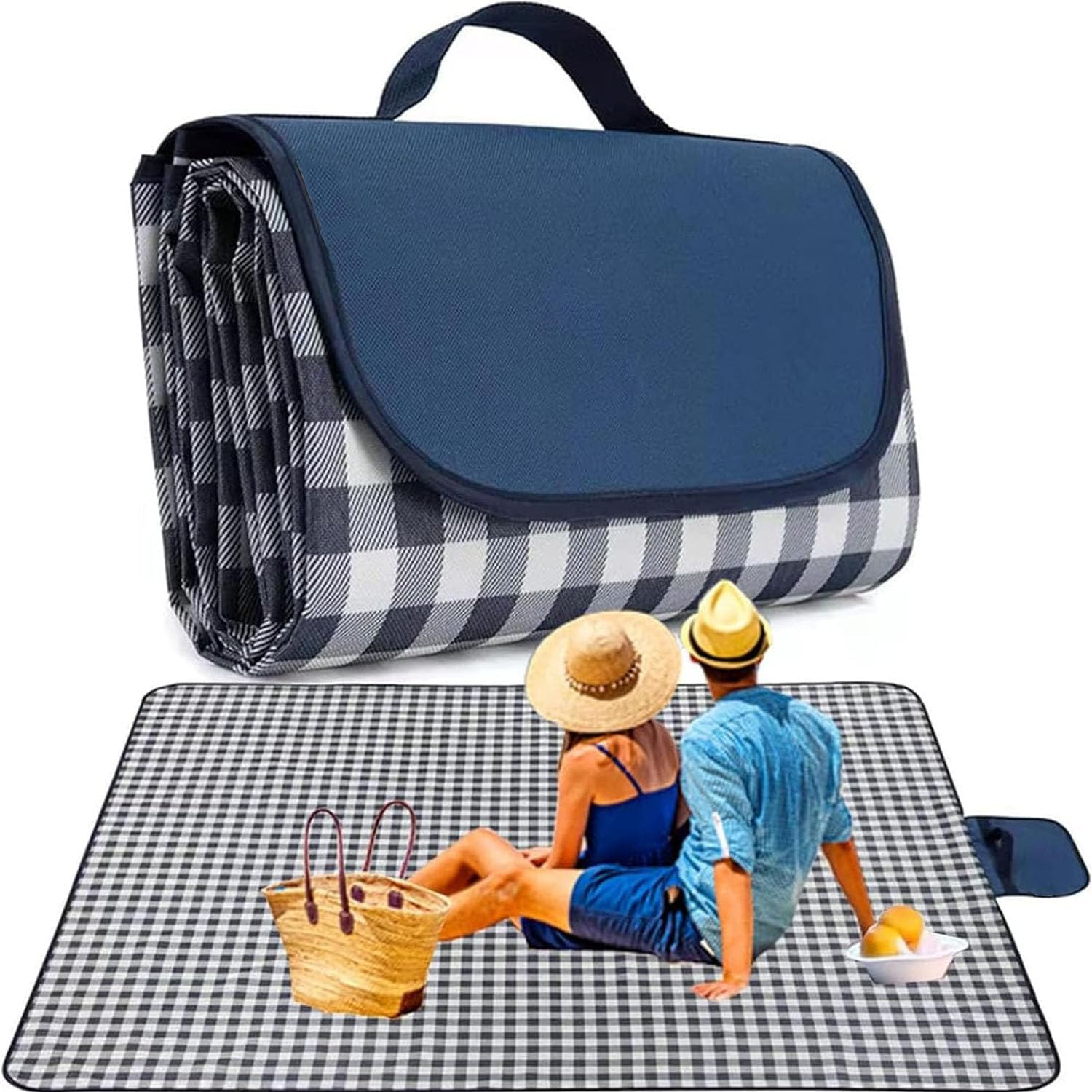 Waterproof Foldable Picnic Blanket, Large 200X150Cm Sandless Beach Picnic Blanket with Carrier Straps, Foldable Portable Handy Picnic Mat for Travel Camping Hiking Festival Park Lawn (Dark Blue) image number 4