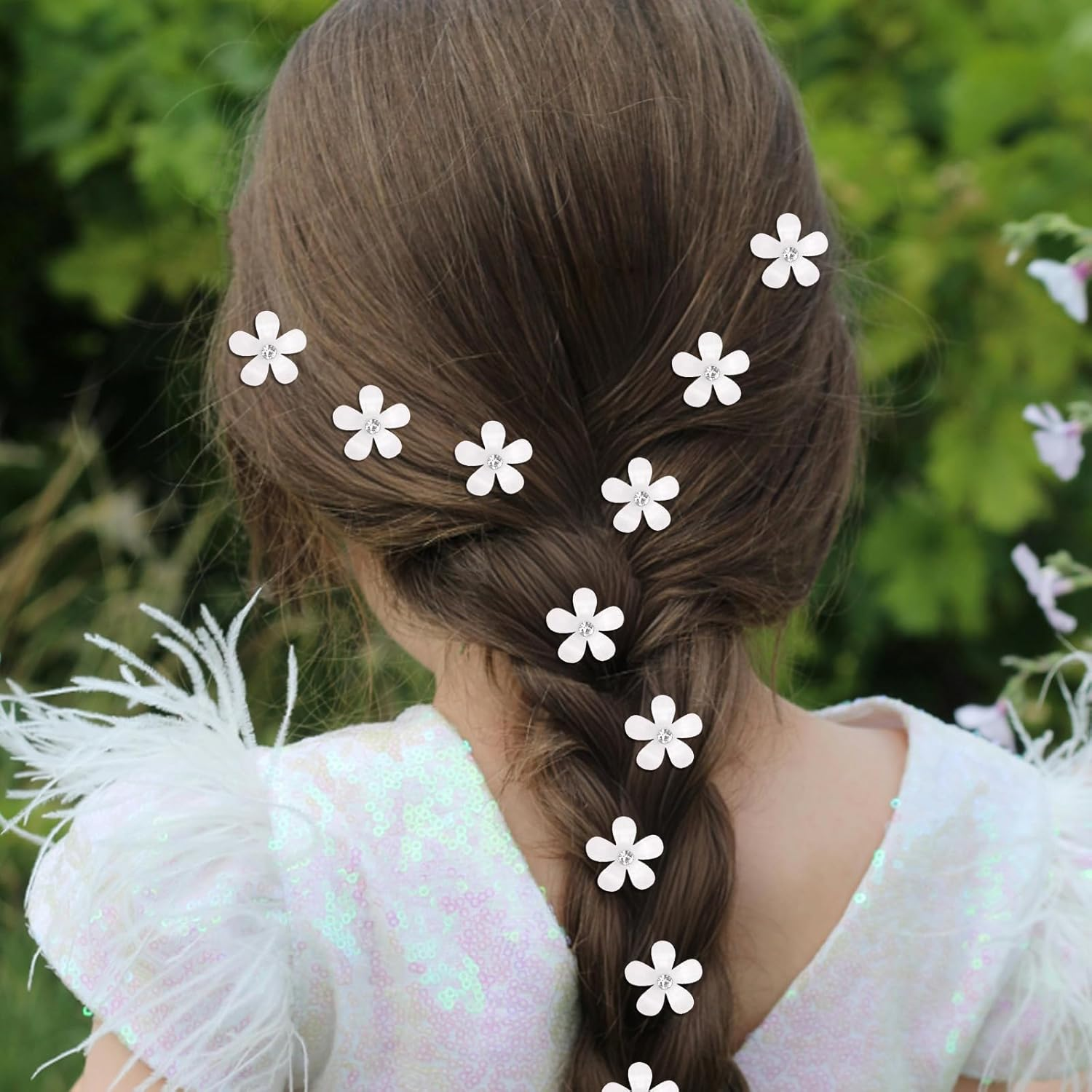 KIUEZIR Pack of 20 Small White Flowers Hair Clips Set - Smooth Crystal Surface with Rhinestones Decoration & Metal Clips, Mini Grip Clips for Women Everyday/Party/Wedding Hairstyles image number 5