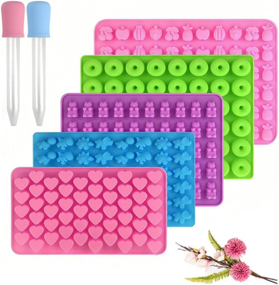 Silicone Gummy Molds,With 2 Bonus Dropper for DIY Gummy,Caasfooy 5 PCS Non-Stick Silicone Candy Molds, Mini Fruit Mold,Best Food Grade Silicone Gumdrop Molds for Jelly,Candy, Chocolate image number 3
