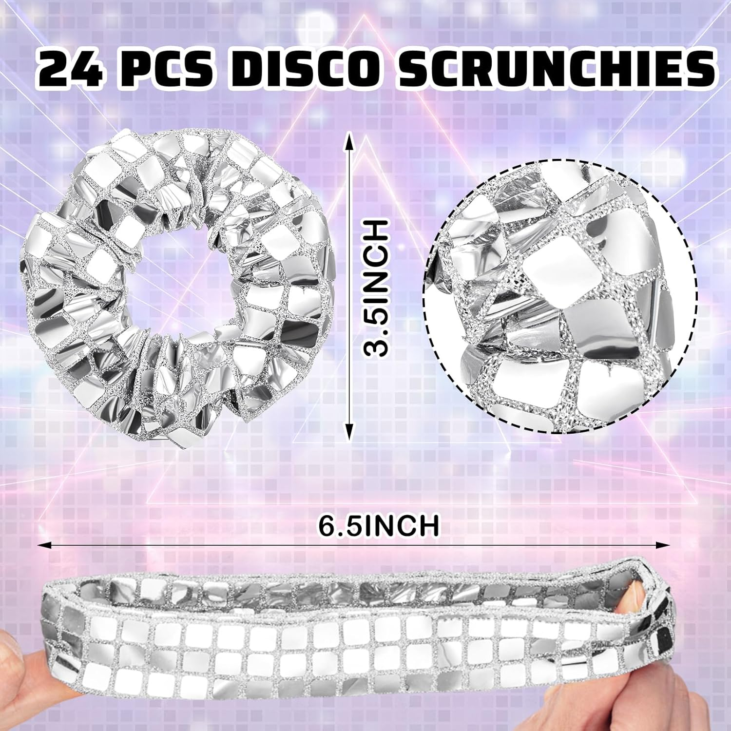 Lyrow 24 Pcs Disco Ball Sequin Hair Scrunchies Last Disco Bachelorette Party Favors Silver Metallic Hair Bobbles Elastics Ponytail Holders Mirror Disco Ball Retro 70S 80S 90S Disco Party Bridal Shower image number 3