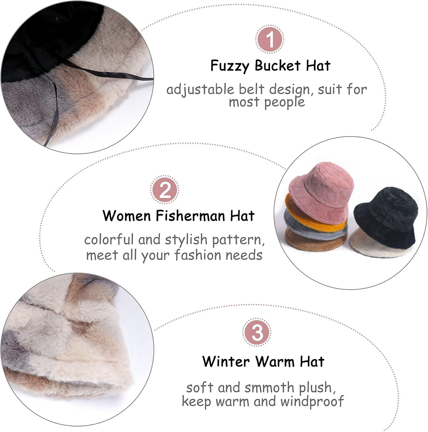 Hebenie Winter Bucket Hat - Women Fluffy Fisherman Hat Soft Faux Winter Fuzzy Furry Warm Thicken Wide Brim Plush Hat for Women Girls - Grey image number 5