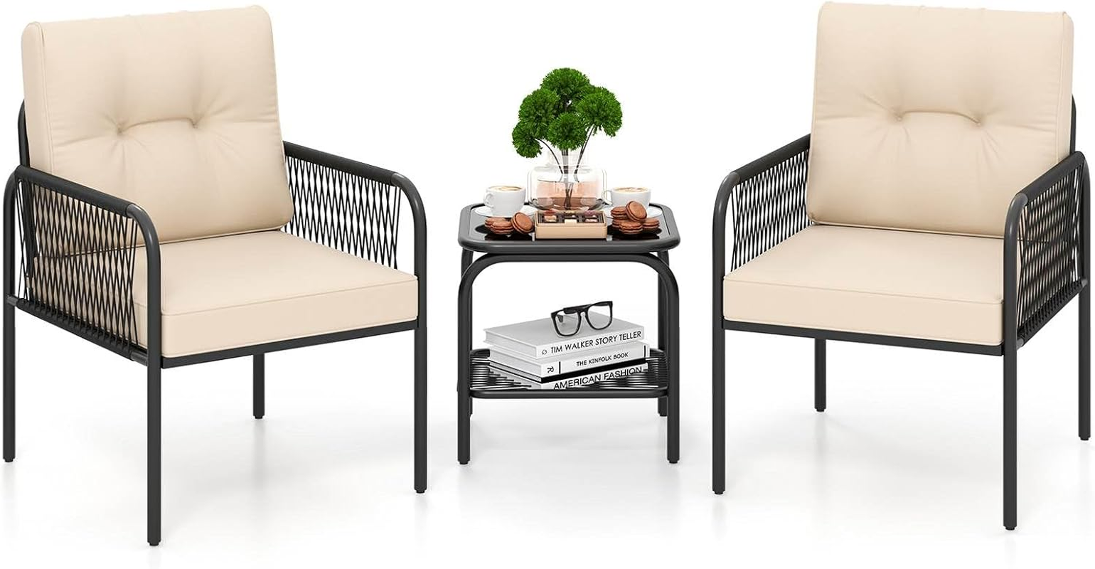 Costway 3-Piece Patio Sectional Sofa Set, Outdoor L-Shaped Furniture Set, Wicker Rattan Conversation Set with Thick Cushions, Detachable Lounger & Tempered Glass Coffee Table, for Yard, Poolside