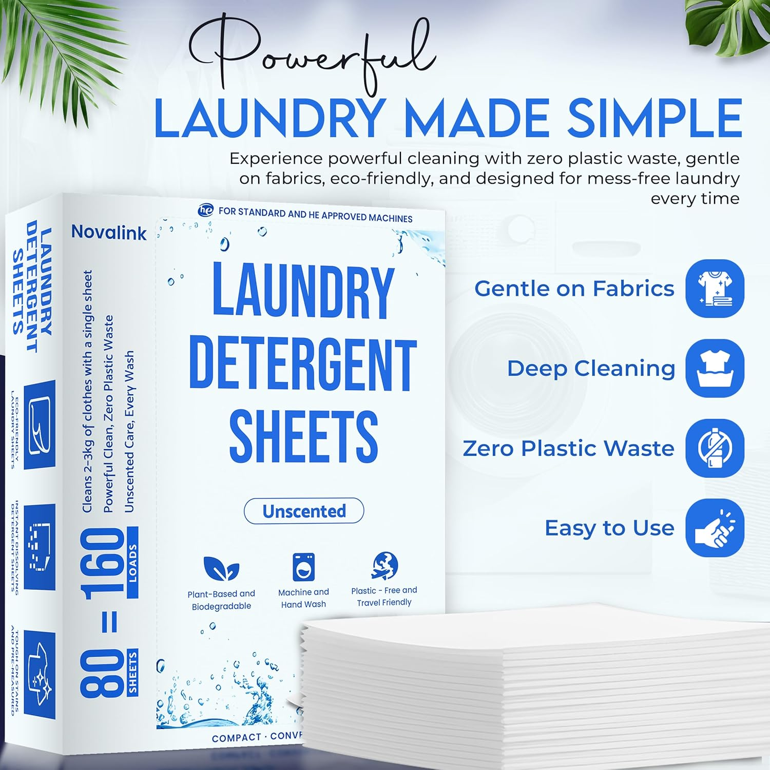 80 X Sensitive Laundry Detergent Sheets - Plastic-Free, Plant-Based & Biodegradable Laundry Sheets, Best Smell, Travel-Friendly for Hand & Machine Wash - Unscented image number 3