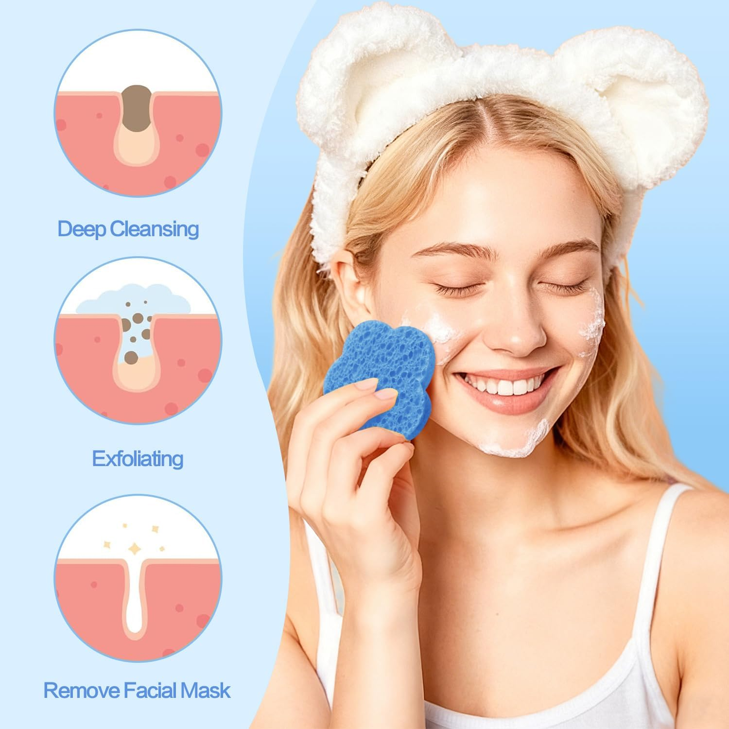 50-Count Facial Sponges, Natural, Blue, Modern Style, Reusable, Exfoliating, Cleansing, Makeup Removal, Travel-Friendly, Gift for Her - Yellow image number 5