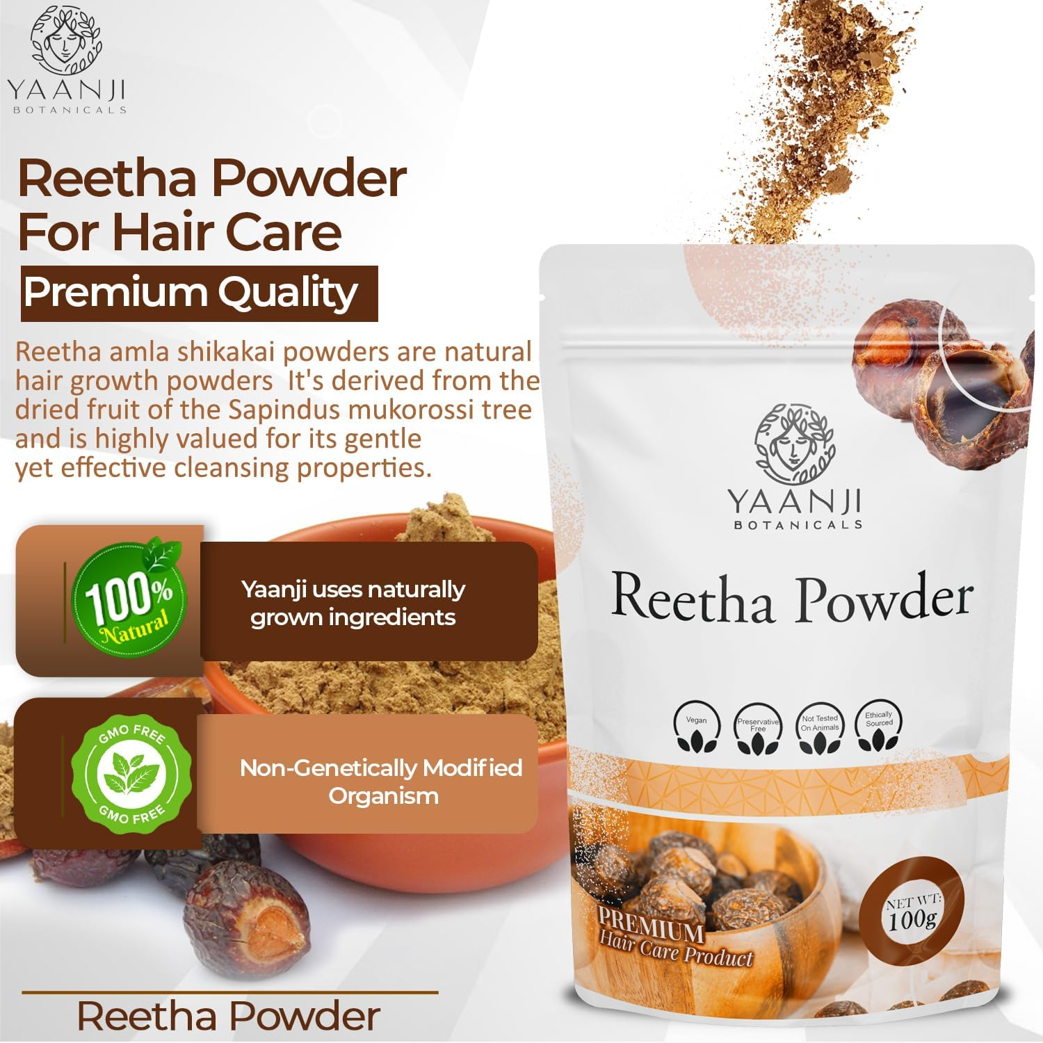 Yaanji Botanicals Reetha Powder for Hair 100G | Natural Soapnut | Ideal for Face and Skin | Skin Cleansing & Hair Care | Aritha Powder | Herbal Hair Mask | Boondi Kottai Powder for Face image number 1