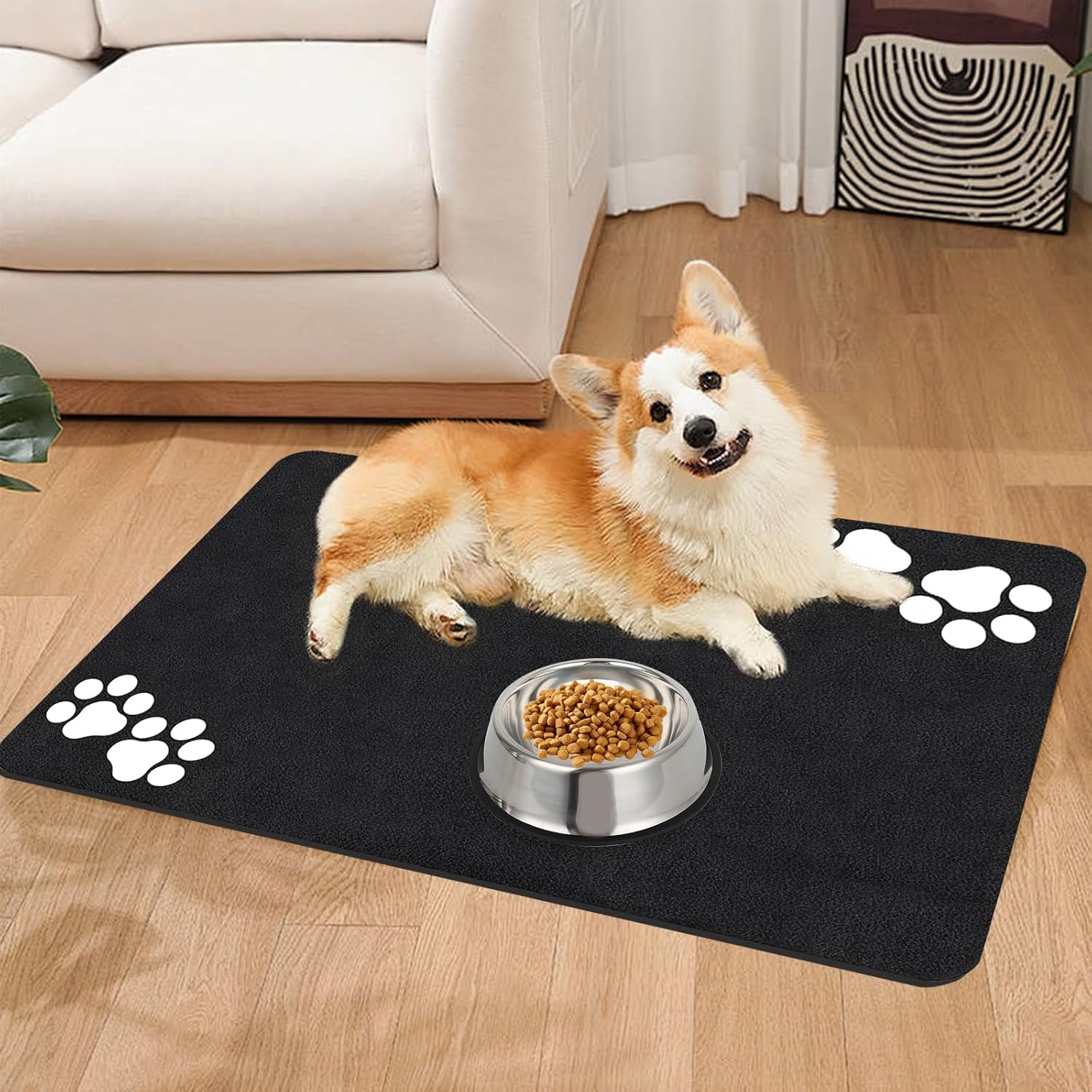 Bowl Mat Dog and Cat, Pack of 2 60 X 40 Cm Non-Slip Bowl Mat, Super Absorbent Dog Bowl Mat, Cat Feeding Mat with Paw Pattern, Waterproof Feeding Mat for Pets (Black) image number 3
