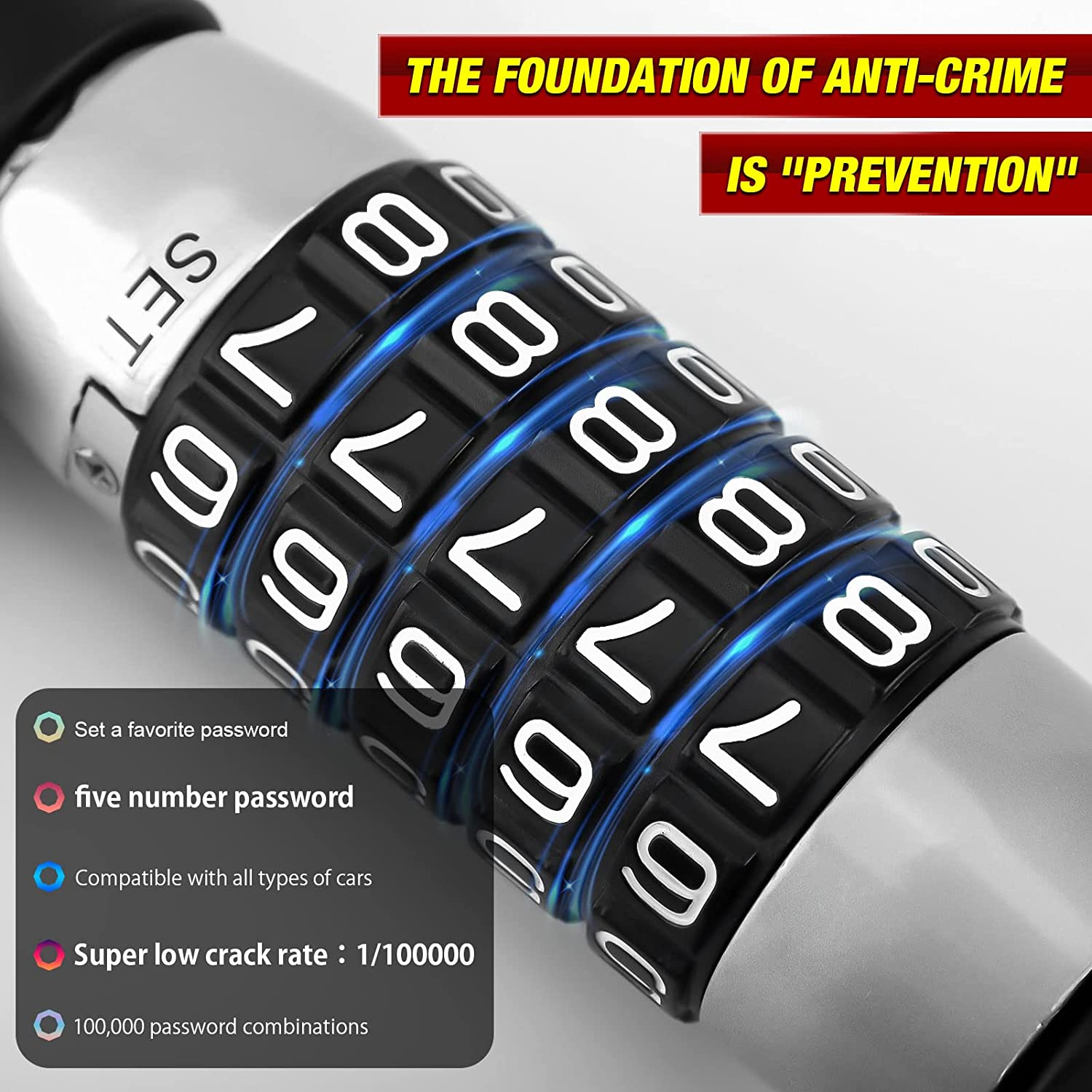 Steering Wheel Lock, Keyless Password 5 Coded Combination Lock, Heavy-Duty Protective Retractable Universal Model for Cars, Suvs, Vans, Trucks image number 6