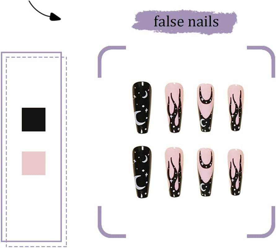 Coffin Press on Nails 24PCS Extra Long Ballerina False Nails Glossy Black Fake Nail Tips with Moon Star Design ​For Women Girls Party Salon image number 4